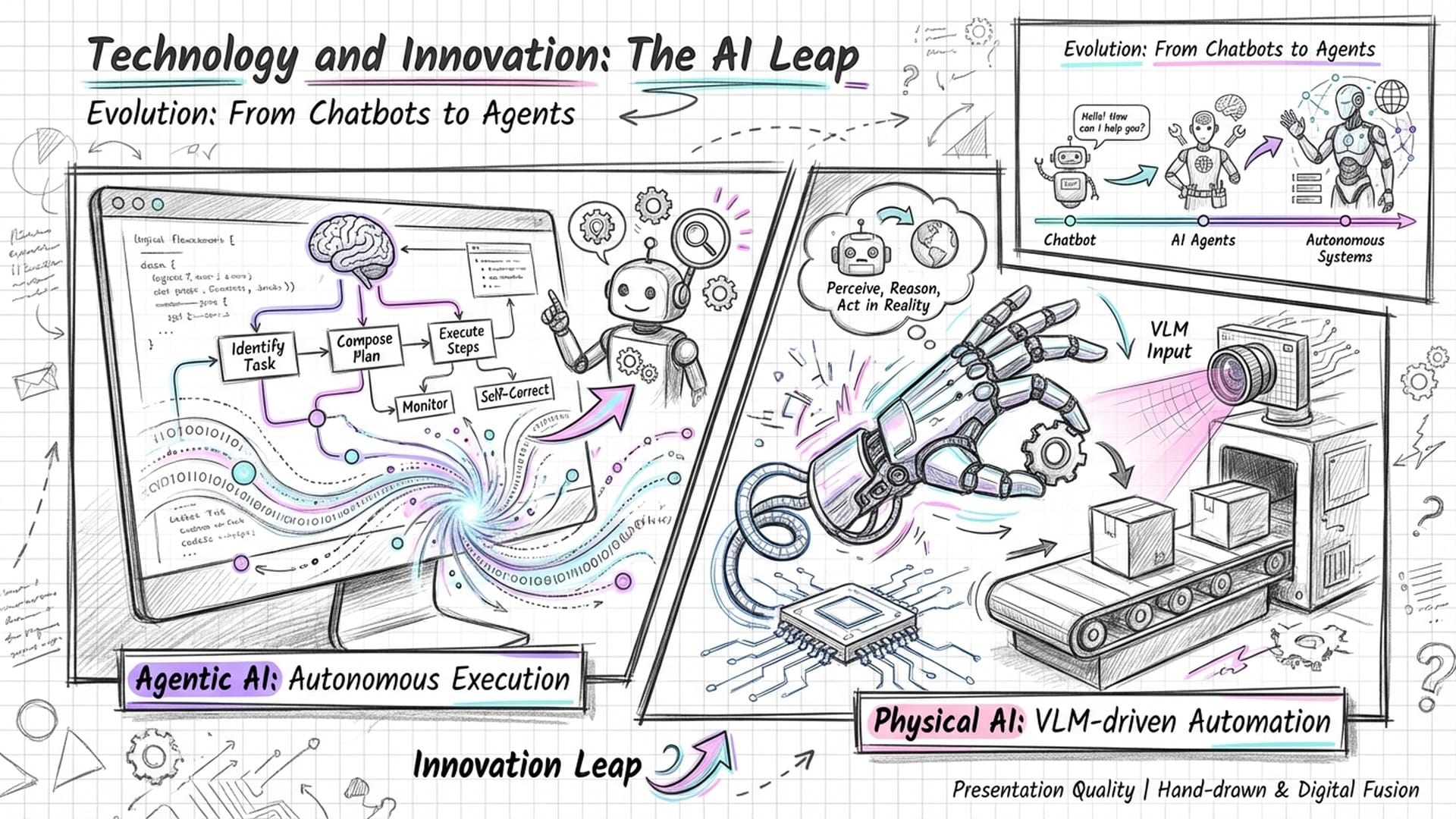 A montage of a robotic hand (Physical AI) and a screen with complex logic flows (Agentic AI).