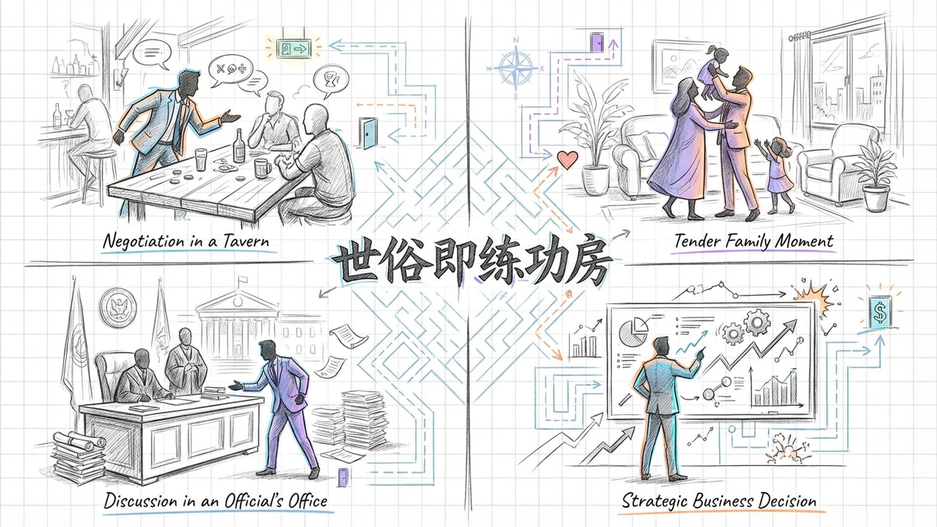 多面身份的拼贴视觉：CEO、公民、父亲、学者，在复杂的几何迷宫中游走却始终有出口。