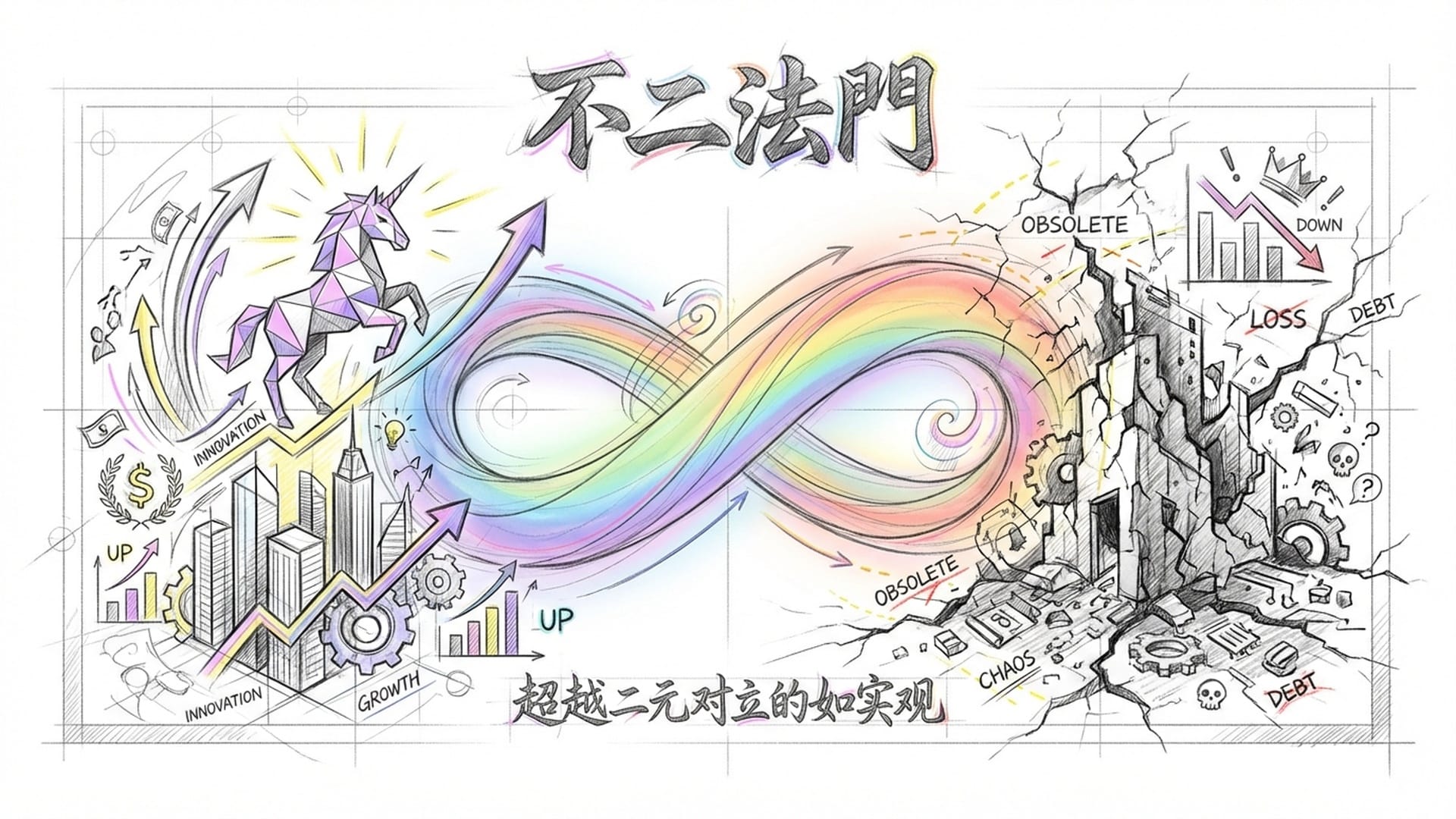 太极图的科幻变体，黑白中间没有界限，而是渐变的彩虹色带，连接“成”与“败”。