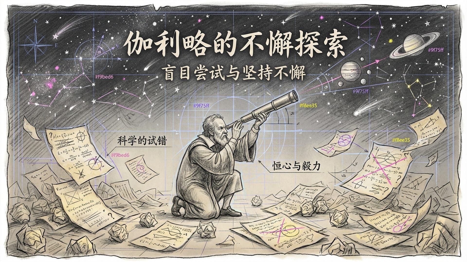 伽利略深夜观察星空，无数计算纸散落