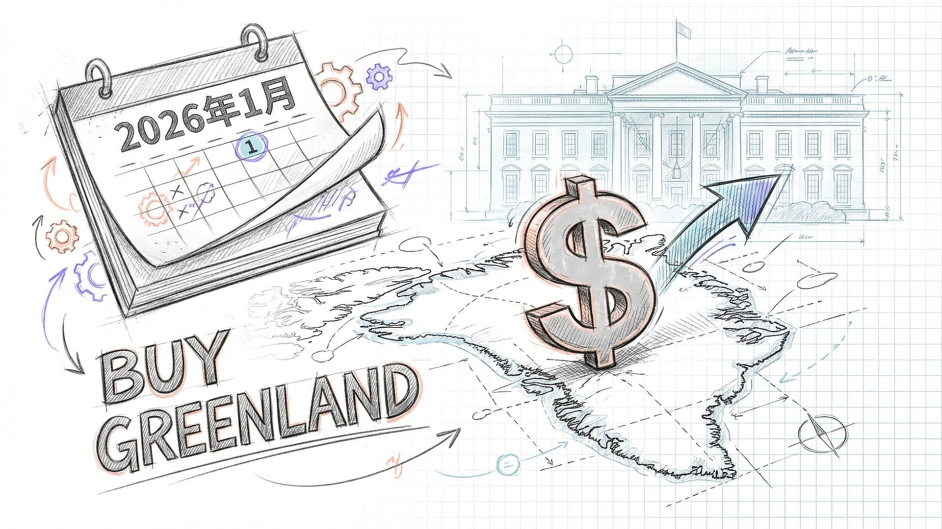 2026年日历翻开，背景是白宫剪影，前景是一个巨大的美元符号压在格陵兰岛地图上。
