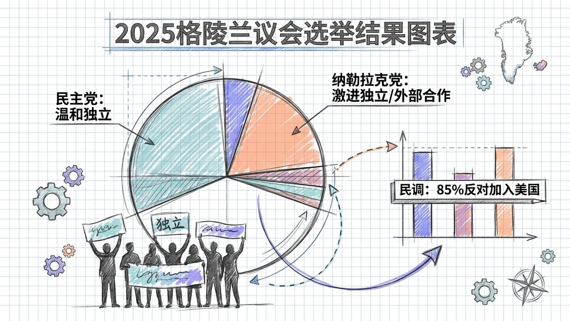 2025格陵兰议会选举结果图表，民众举着独立标语的剪影，色彩区分不同的党派立场。