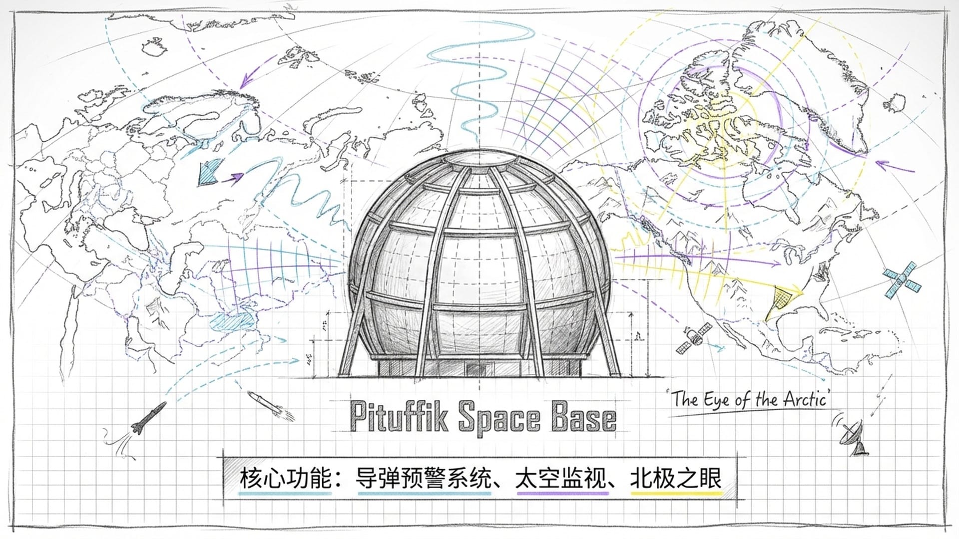 皮图菲克（图勒）空军基地的巨大圆形雷达罩，电波跨过北极覆盖整个欧亚大陆。