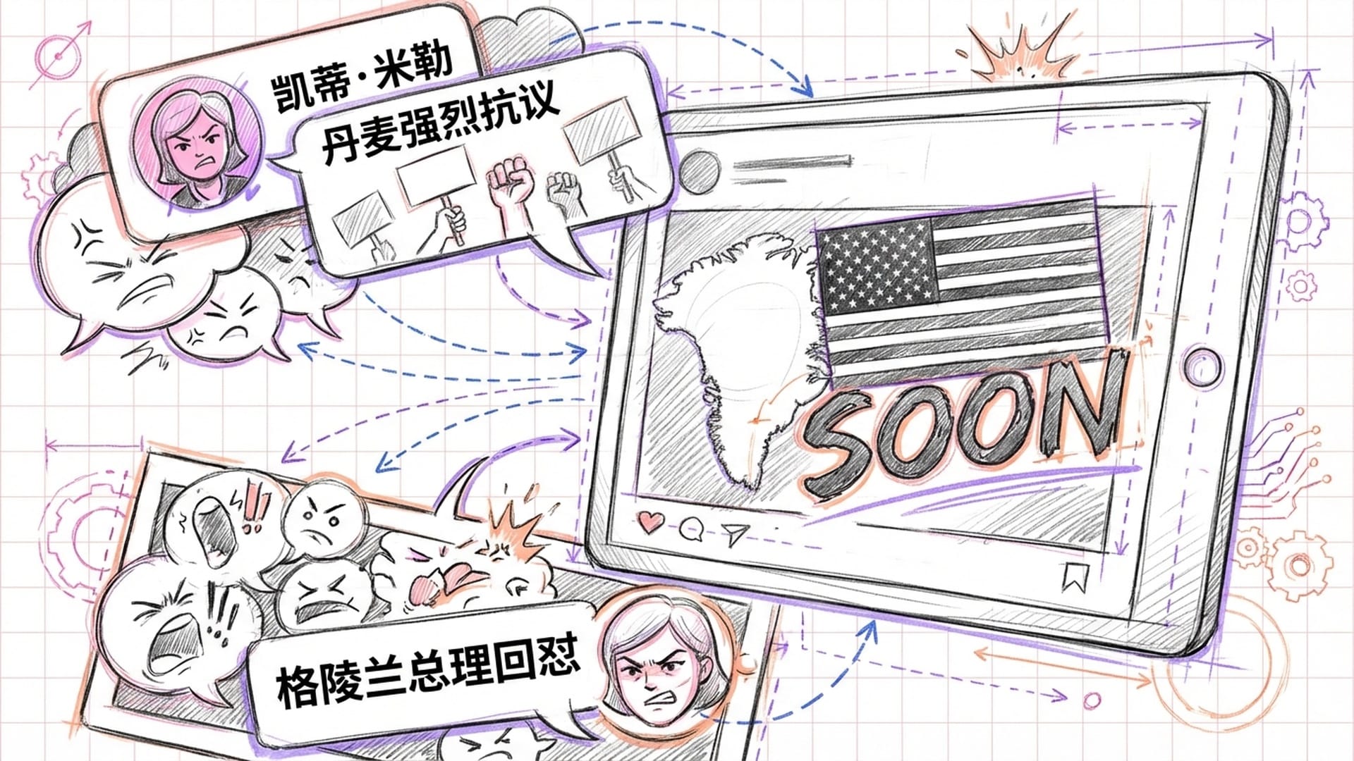 一张著名的社交媒体推文截图，显示格陵兰覆盖星条旗，配上巨大的'SOON'词汇，周围散布着愤怒的评论气泡。