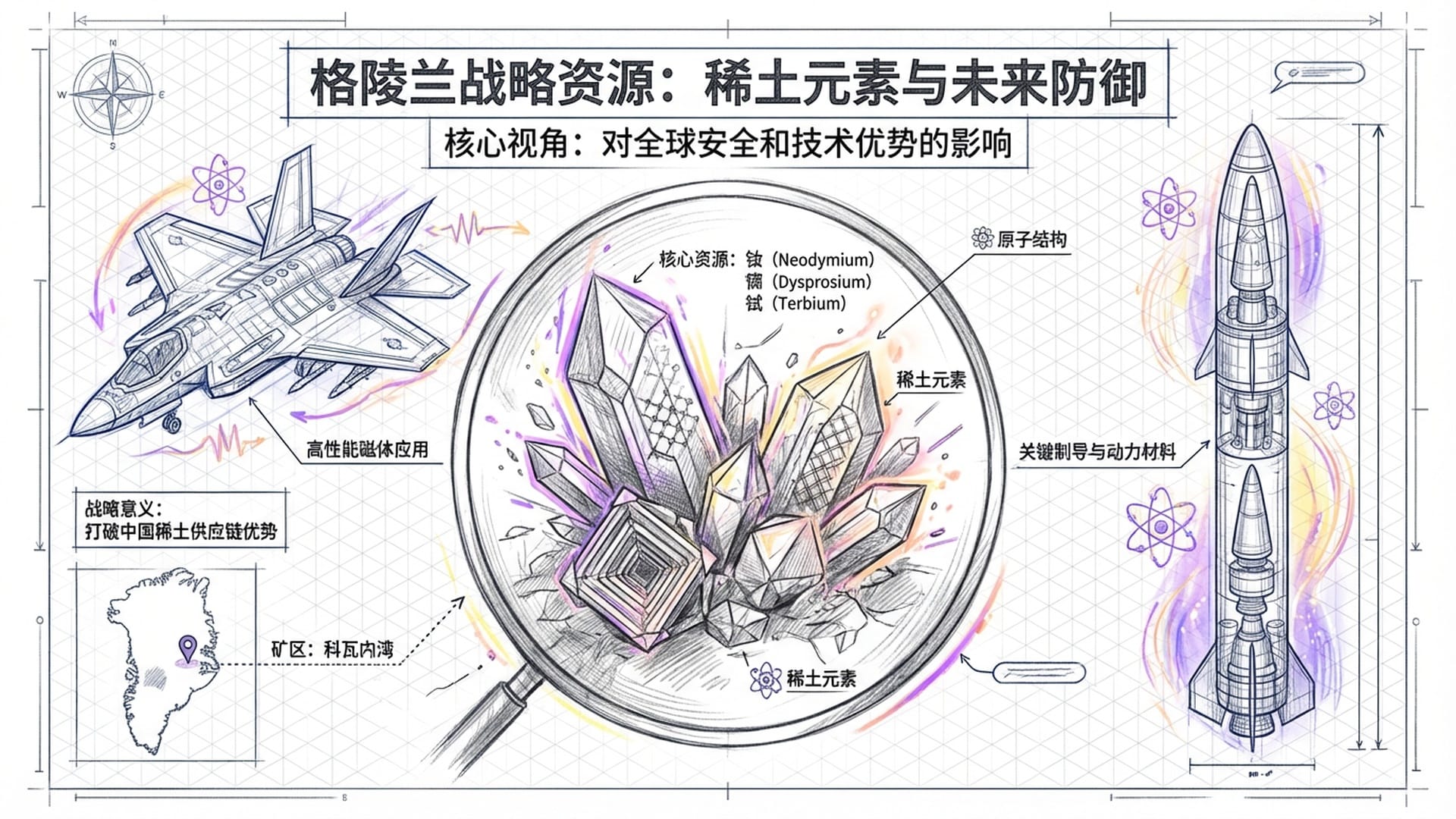 显微镜下的稀土矿晶体，旁边是高科技战斗机和导弹的线框图，原子符号闪烁。