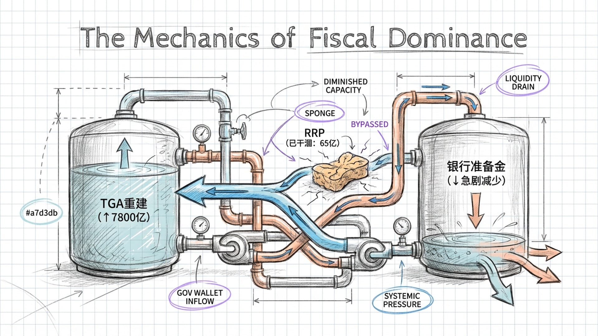 复杂的金融管道系统,两个水箱(TGA和准备金)之间,水正在从银行体系疯狂抽向政府钱包。