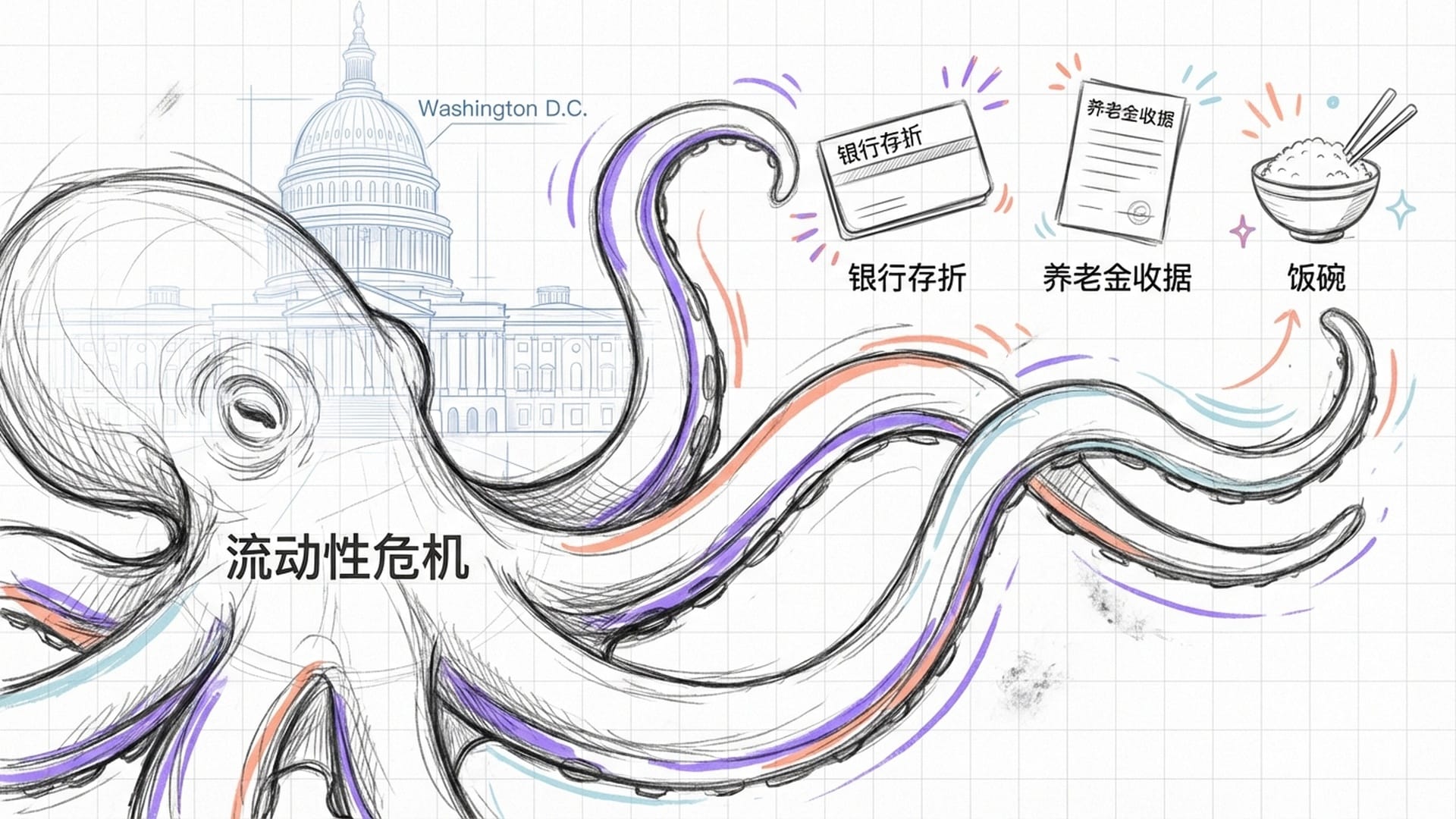 一只巨大的章鱼触手从华盛顿延伸到普通人的餐桌、银行和养老金账户,色调暗沉且压抑。