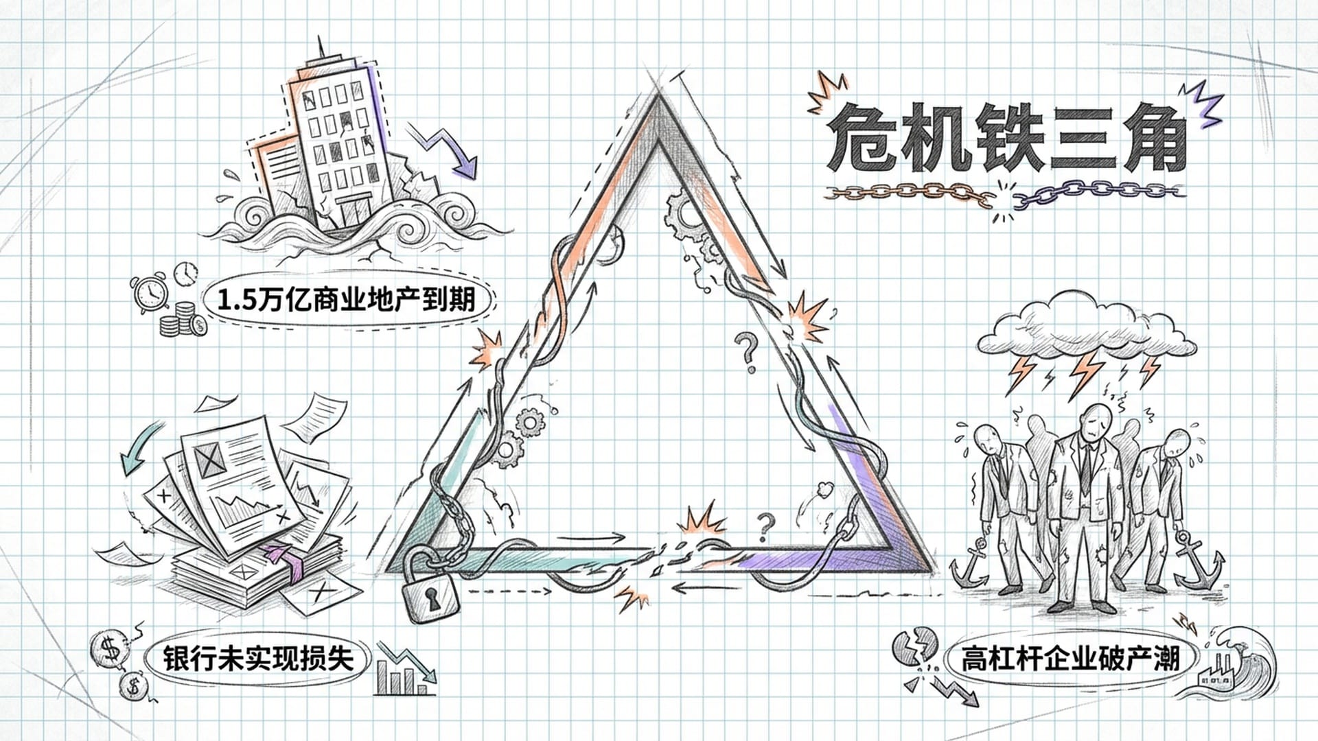 一个不稳定的三角形结构:一边是下沉的商业办公楼,一边是银行财务报表,一边是僵尸企业。
