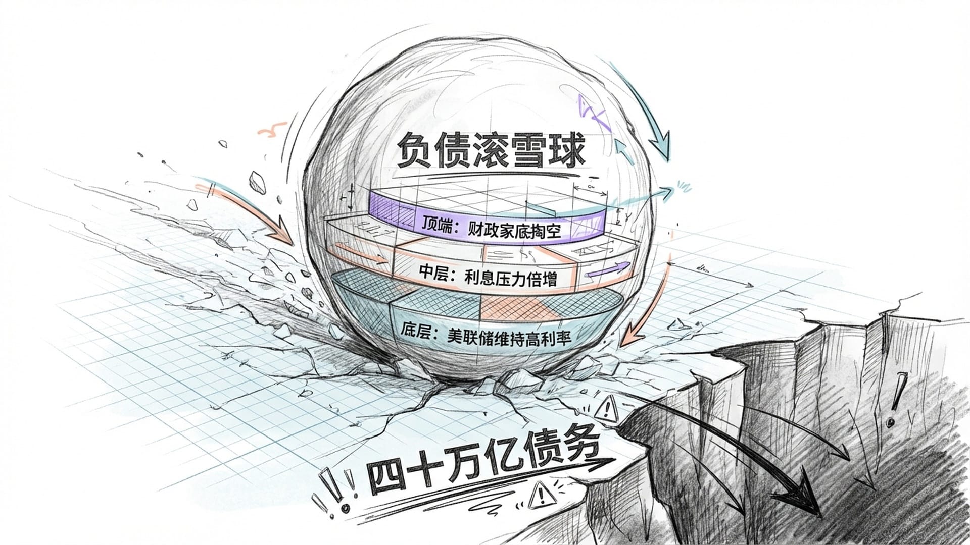 一个巨大的债务雪球在美联储加息的冰面上越滚越大,前方是名为“四十万亿债务”的深渊。