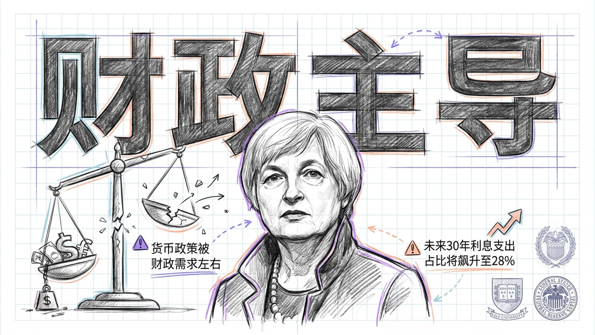 耶鲁与美联储标识前,珍妮特·耶伦的面容严肃,背景是“财政主导”四个大字和崩裂的物价天平。