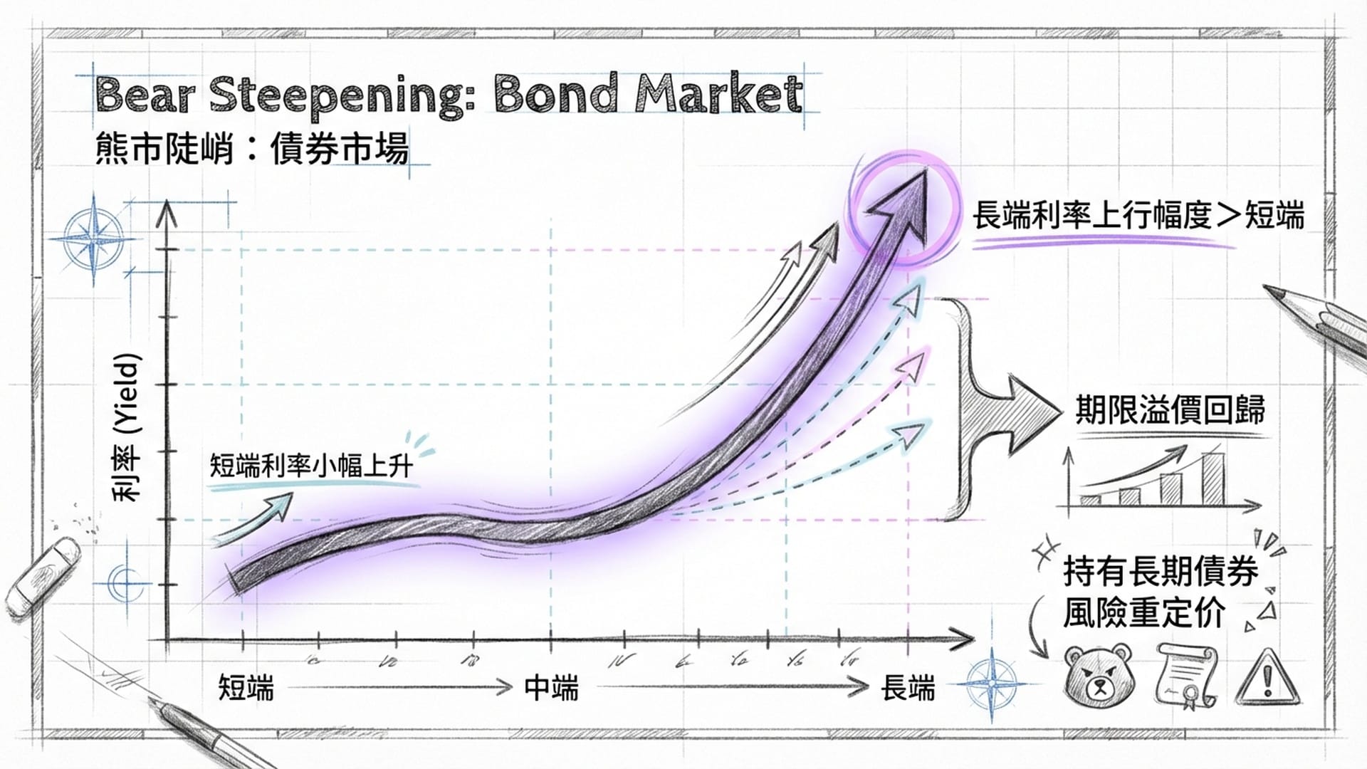 一条扭曲的收益率曲线在黑暗中发出诡异的紫色光芒,呈现出“熊市陡峭化”的形态。