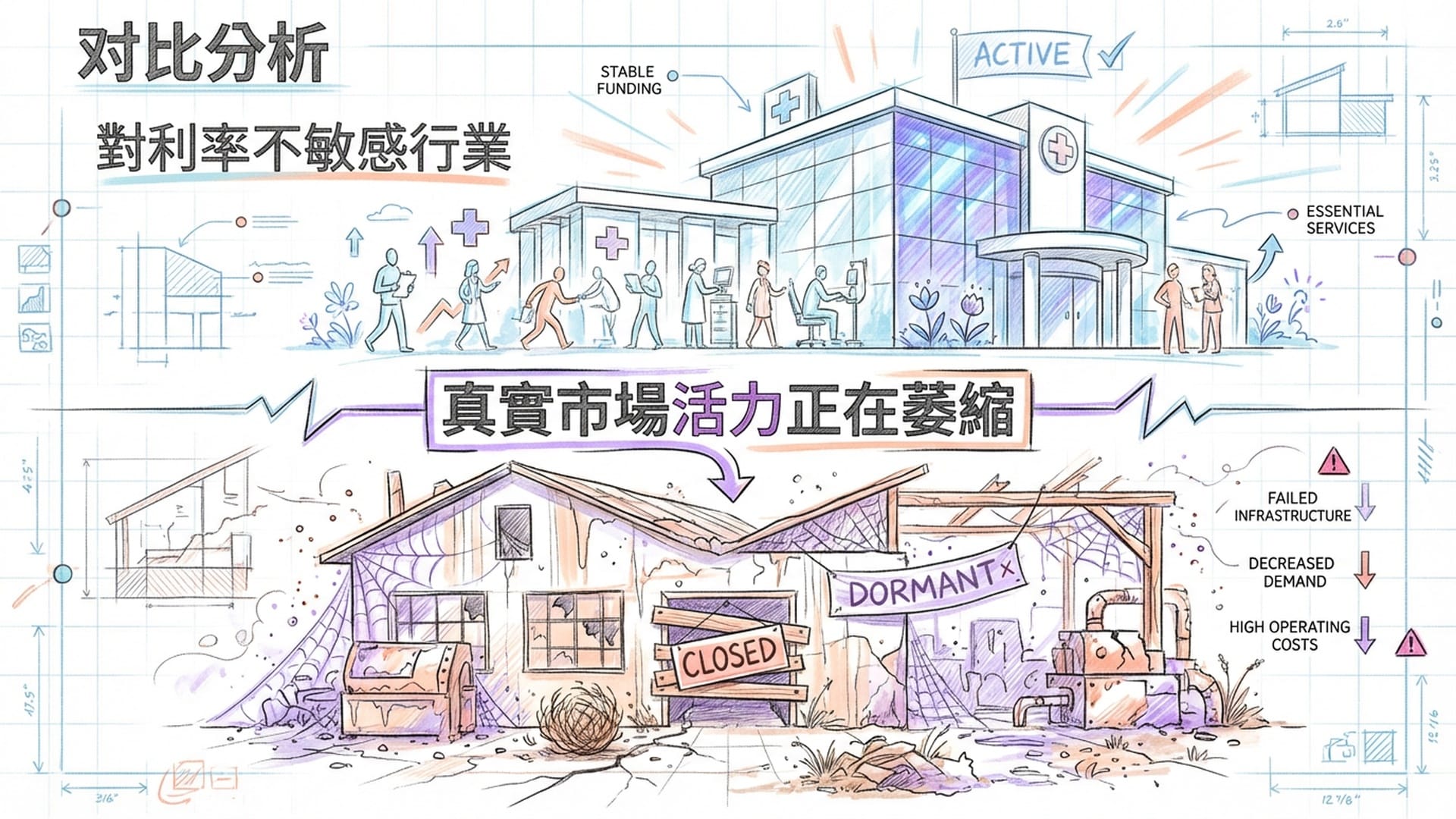 两个对比鲜明的工厂车间:一个灯火通明的政府大楼和医疗中心,另一个是生锈停产的制造业车间。