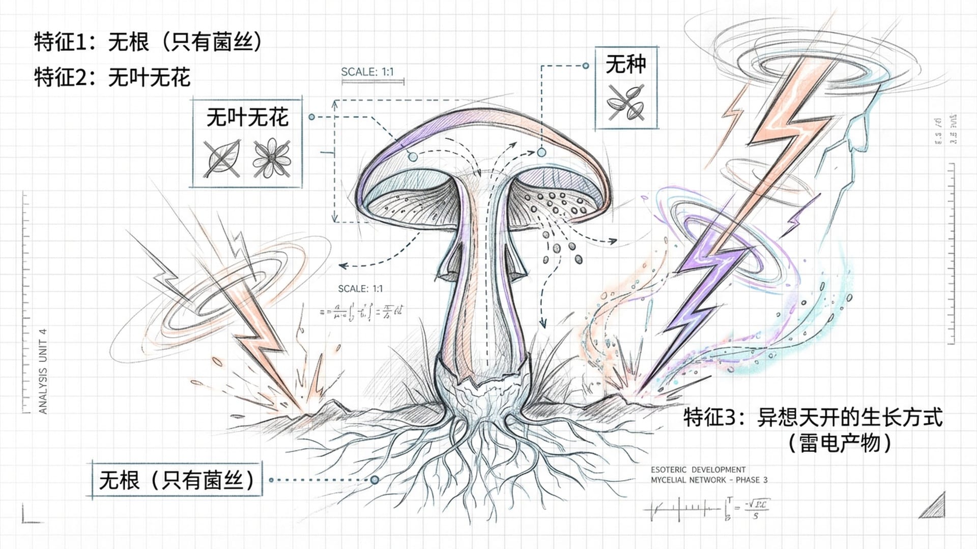 毒蝇伞的解剖图与雷电背景