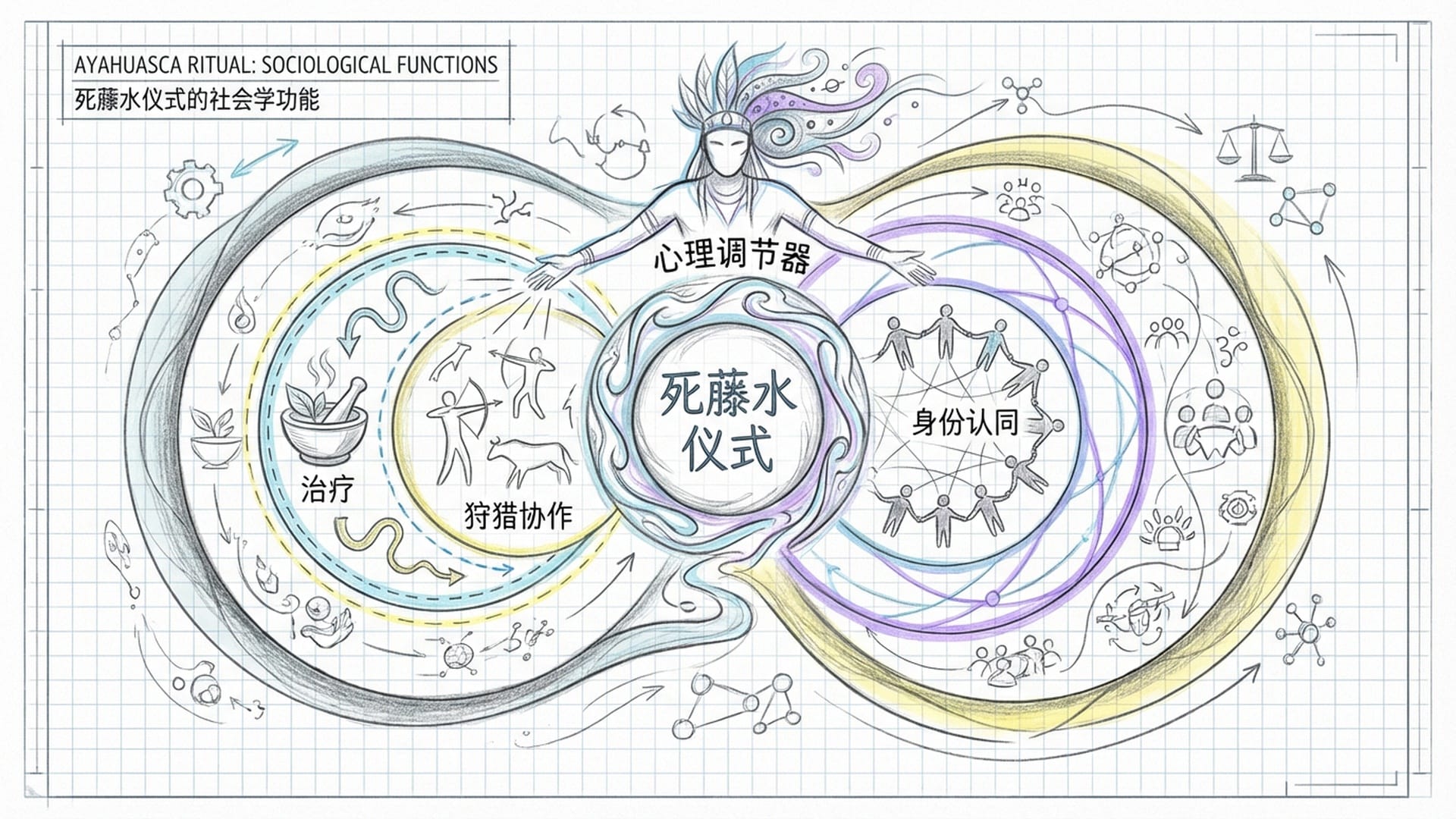 同心圆结构图，圆心是死藤水仪式，外圈是治疗、狩猎协作、身份认同，萨满像是一个心理调节器在中心维持平衡。