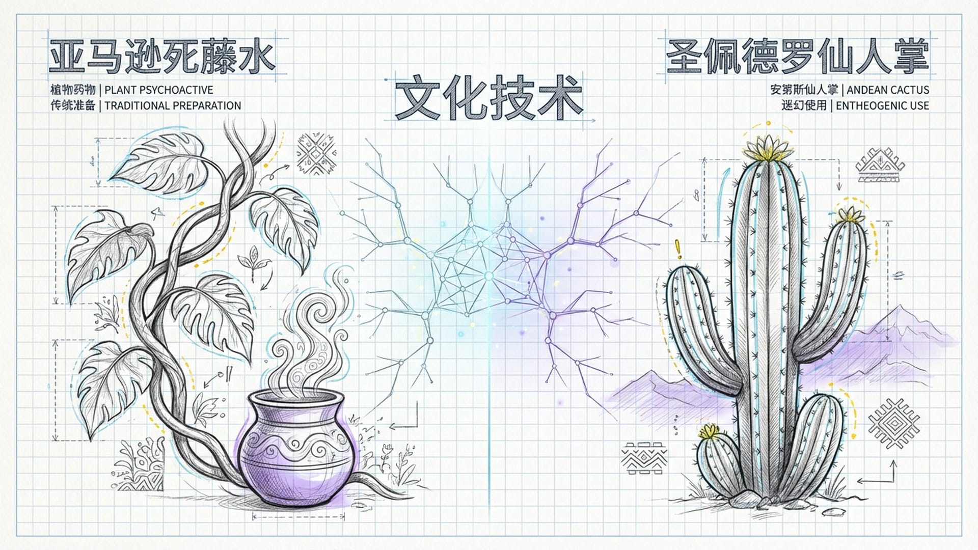 分屏对比，左侧是亚马逊丛林的死藤水，右侧是安第斯山脉的仙人掌，连接处是发光的神经元网络，强调“文化技术”。