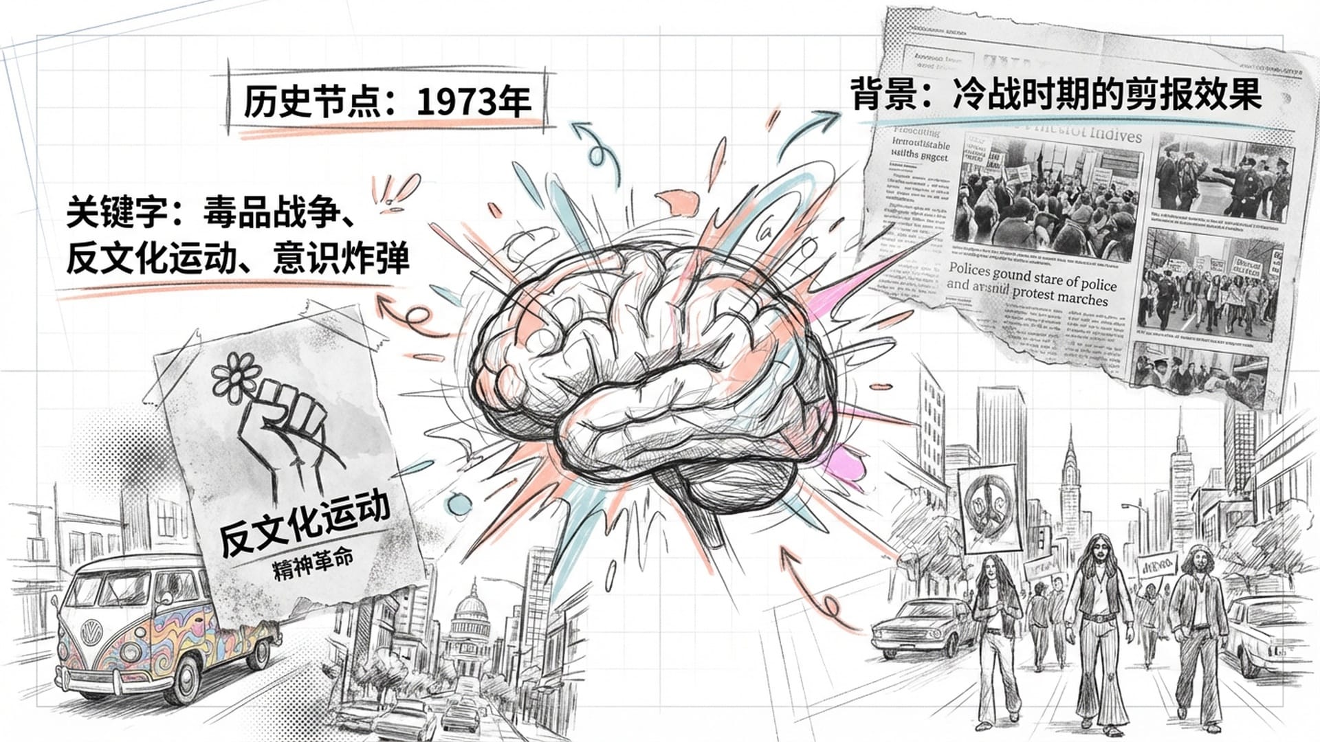 1970年代的美国街头，旧报纸和抗议海报重叠，背景是一颗正在爆炸的彩色脑部，象征“意识炸弹”，色调对比鲜明。