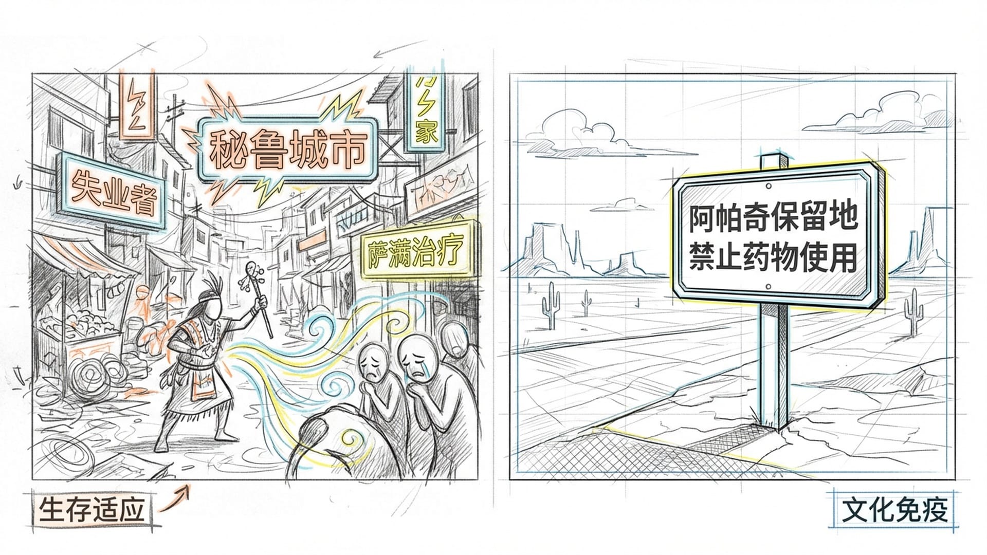 秘鲁贫民窟的杂乱街道，霓虹灯下萨满在为失业者和情场失意者施法，旁边是抗议阿帕奇保留地使用药物的警告牌。