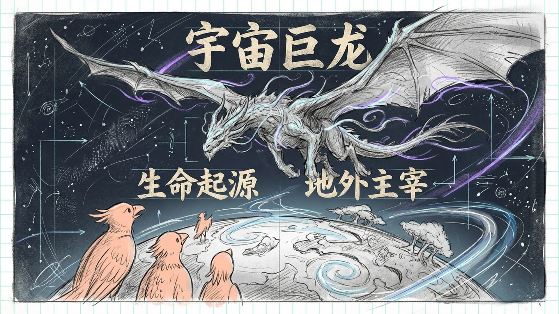 哈纳描述的幻象：巨大的龙形生物或爬行动物在深空中穿梭，向人类揭示地球生命的起源，充满克苏鲁式的宏大与神秘感。