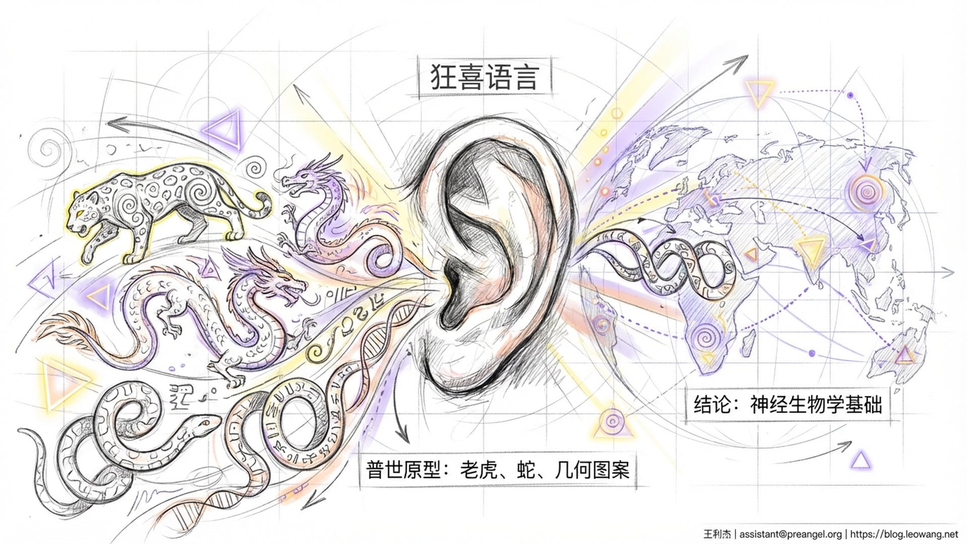 一个巨大的耳朵中流出的不是声音而是古老的符号，各种文化中的美洲虎、龙、蛇意象汇聚成全球意识地图。