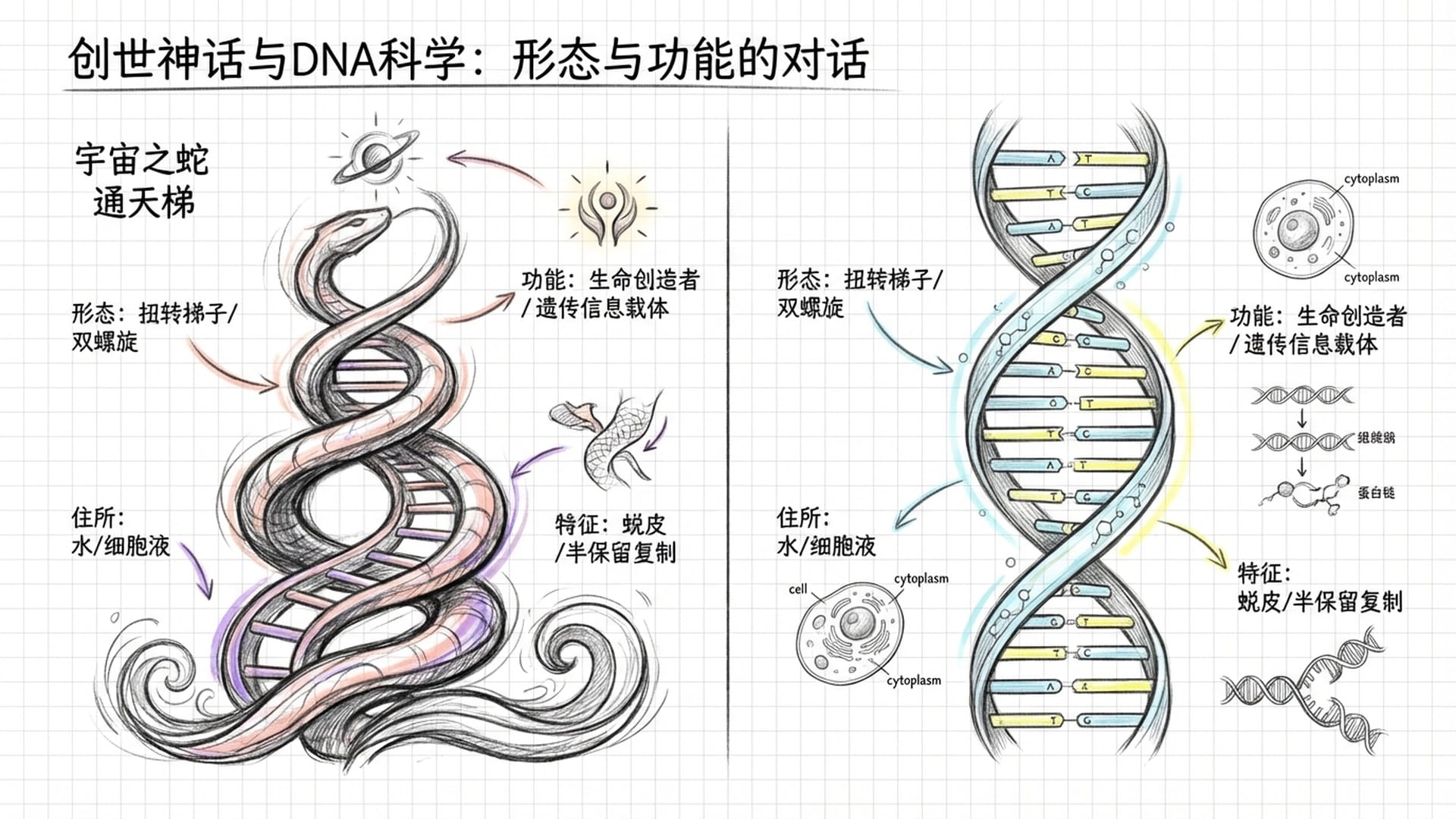 并置图：左侧是神话中的宇宙之蛇或通天梯，右侧是科学家拍摄的DNA显微成像，展示形态、住所、长度和功能的完美契合。