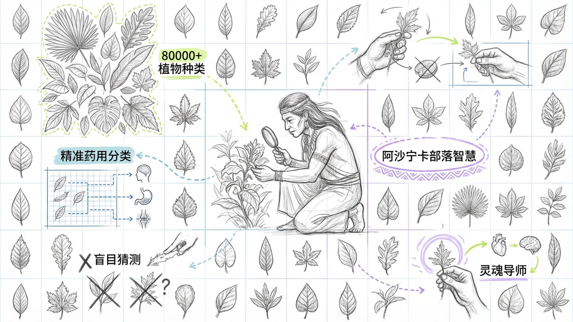 雨林背景下，展示海量的各种不同形状、颜色的植物叶片，中间穿插萨满识别药草的画面。