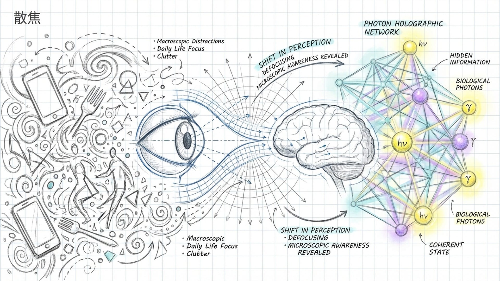 “散焦”概念的可视化：一张魔眼图（3D立体图）在模糊与清晰间切换，揭示隐藏在喧嚣宏观世界下的光子全息网络。