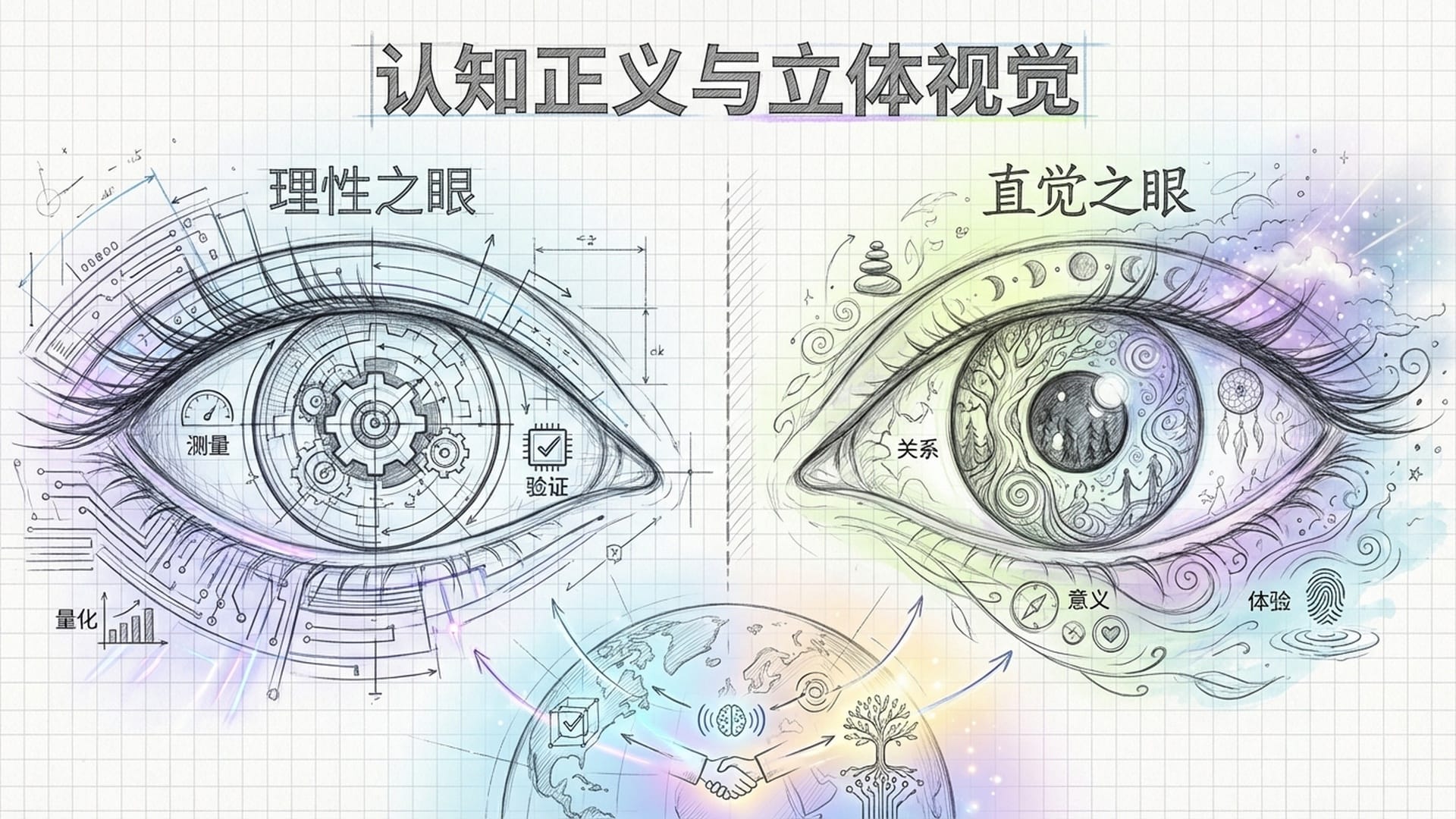 两只巨大的眼睛看向前方，左眼为齿轮和电路（理性），右眼为森林与灵光（直觉），汇聚成深邃的世界全貌。