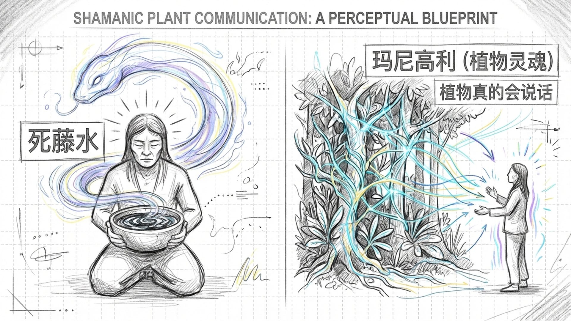 萨满举起装有死藤水的碗，背后显现蛇形的灵魂幻影，另一张图展示森林植物通过光子连接向萨满传达信息。