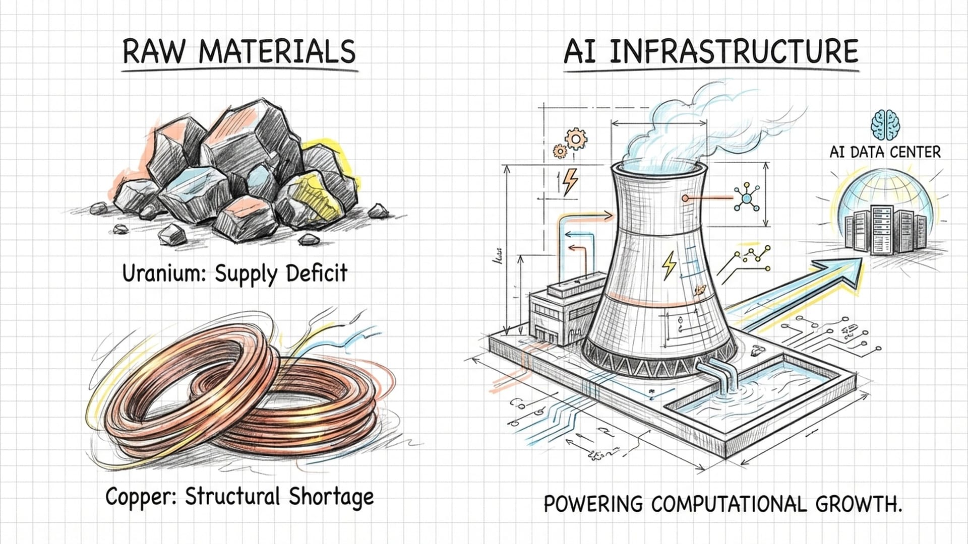 A pile of raw uranium ore and bright copper coils on one side, a nuclear power plant cooling tower on the other.