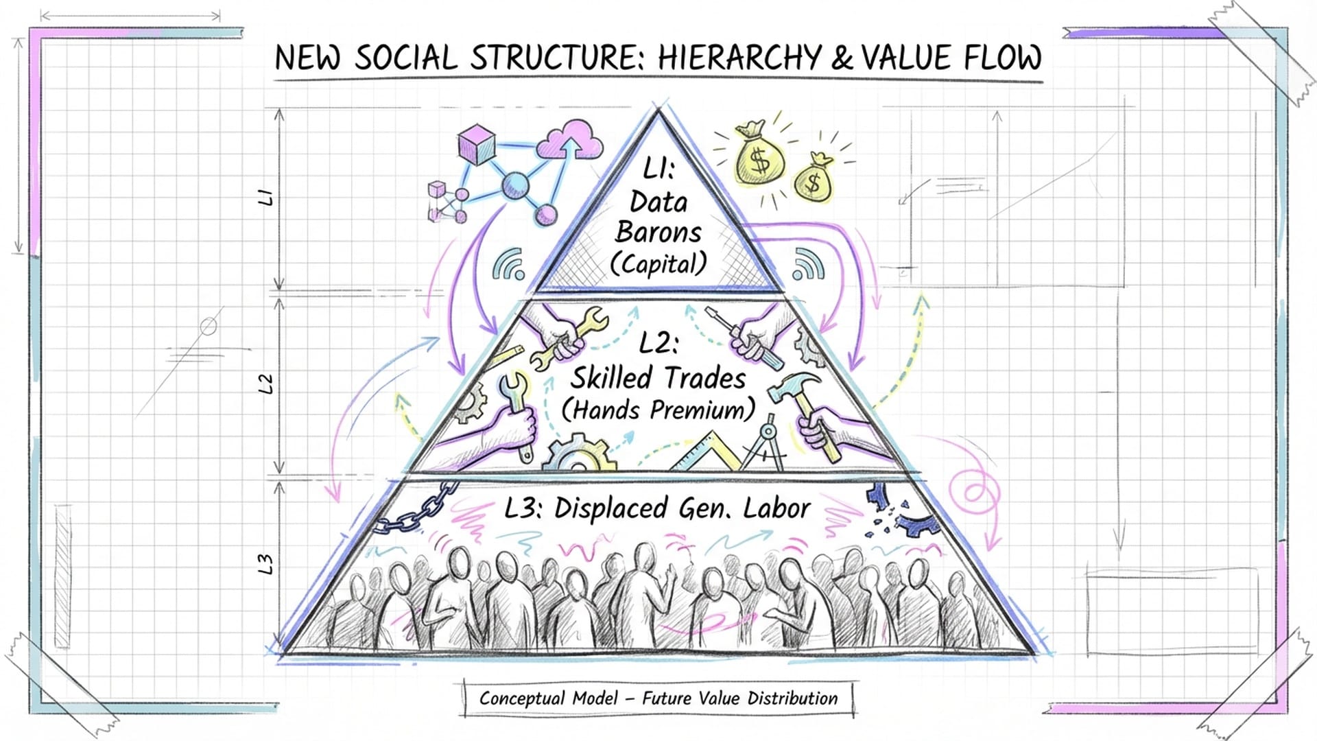 A pyramid showing the new social structure: Data Barons at top, Blue-Collar Wealth in middle, and displaced office workers at bottom.