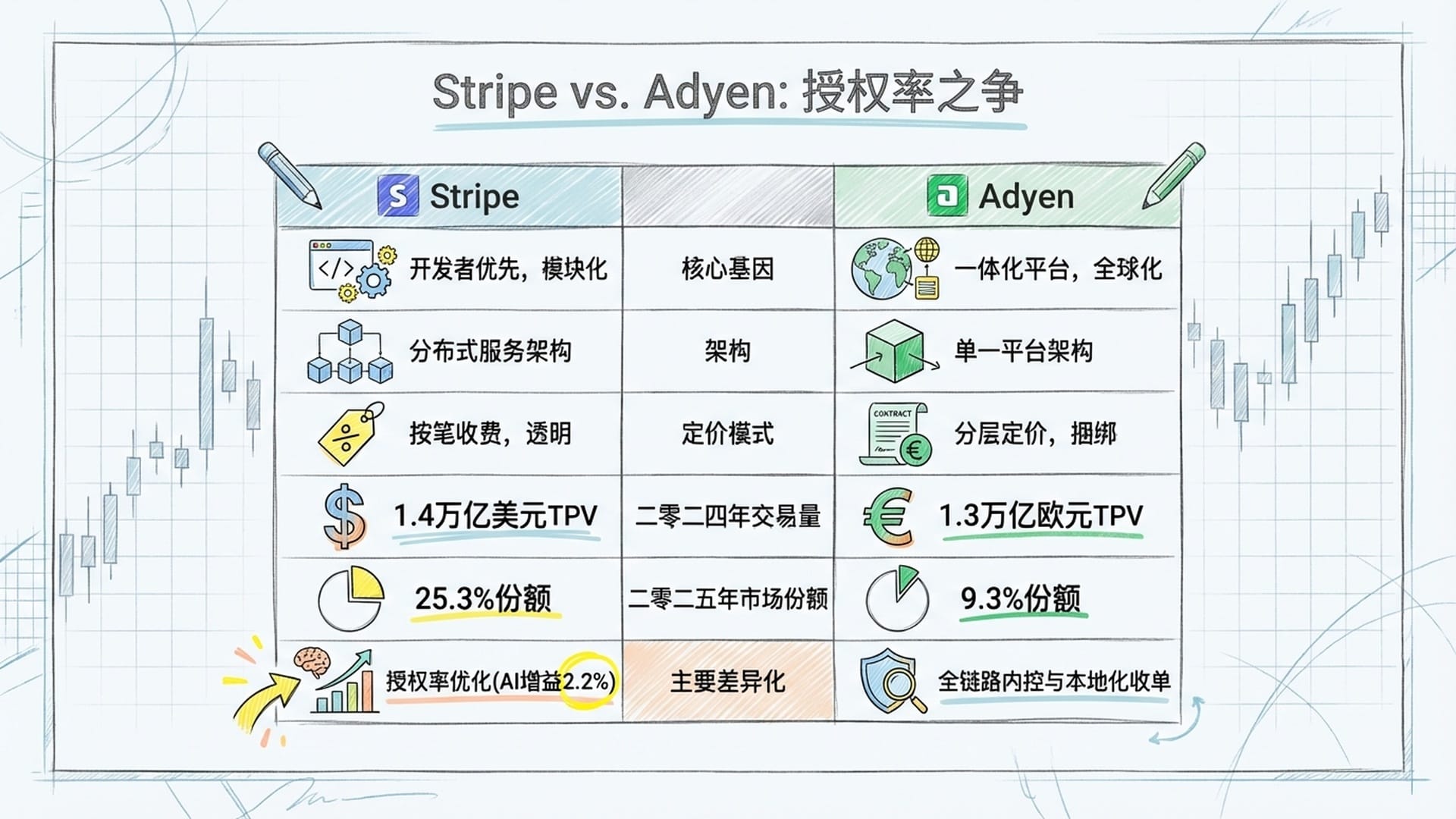 对比表格：Stripe与Adyen在技术架构、交易量和市场占比上的各项对比指标，背景是股市K线图。