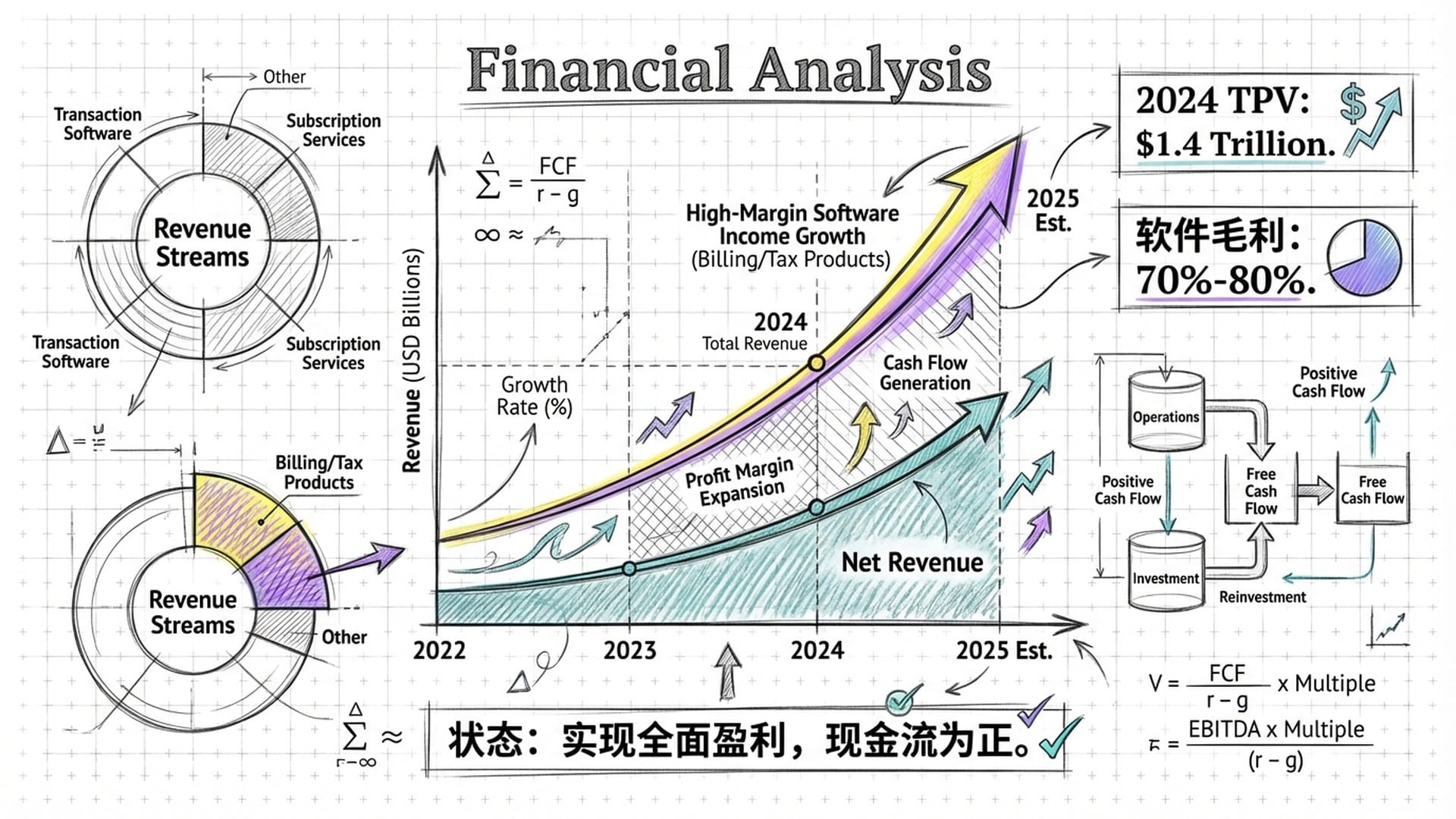 财务看板：展示2024年总营收与净营收的差异，重点突出Billing/Tax等高毛利软件软收入的增长斜率。