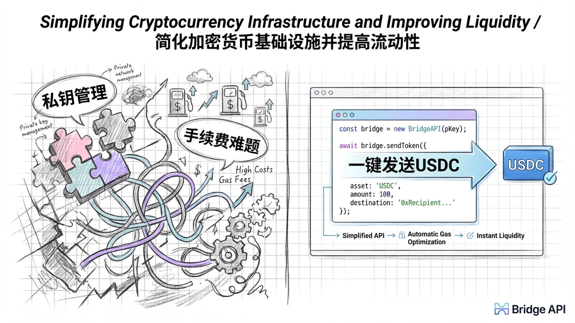 对比画面：左侧是杂乱的私钥管理、不同公链的手续费难题；右侧是Bridge简洁的API代码，一键发送USDC。