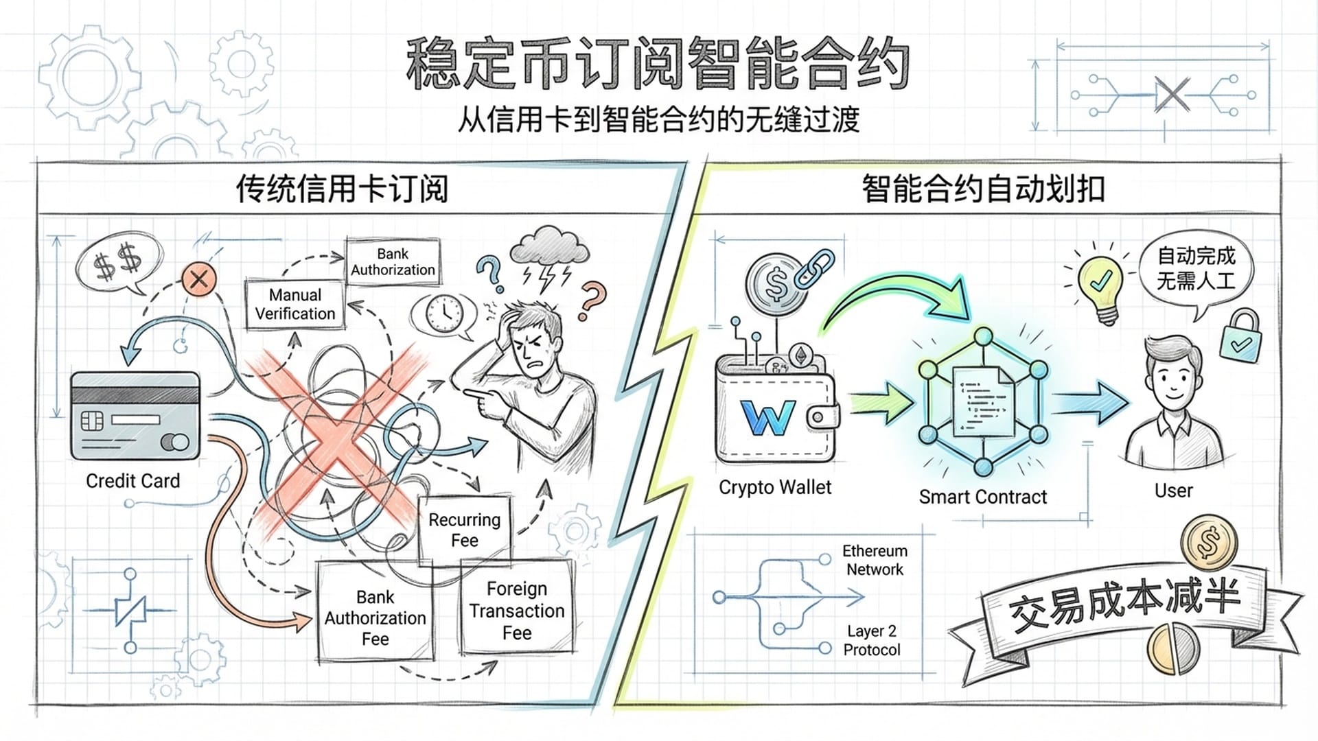 漫画式分镜：展示一个订阅服务从传统信用卡的“无限授权”到加密货币下“智能合约自动划扣”的丝滑转变。