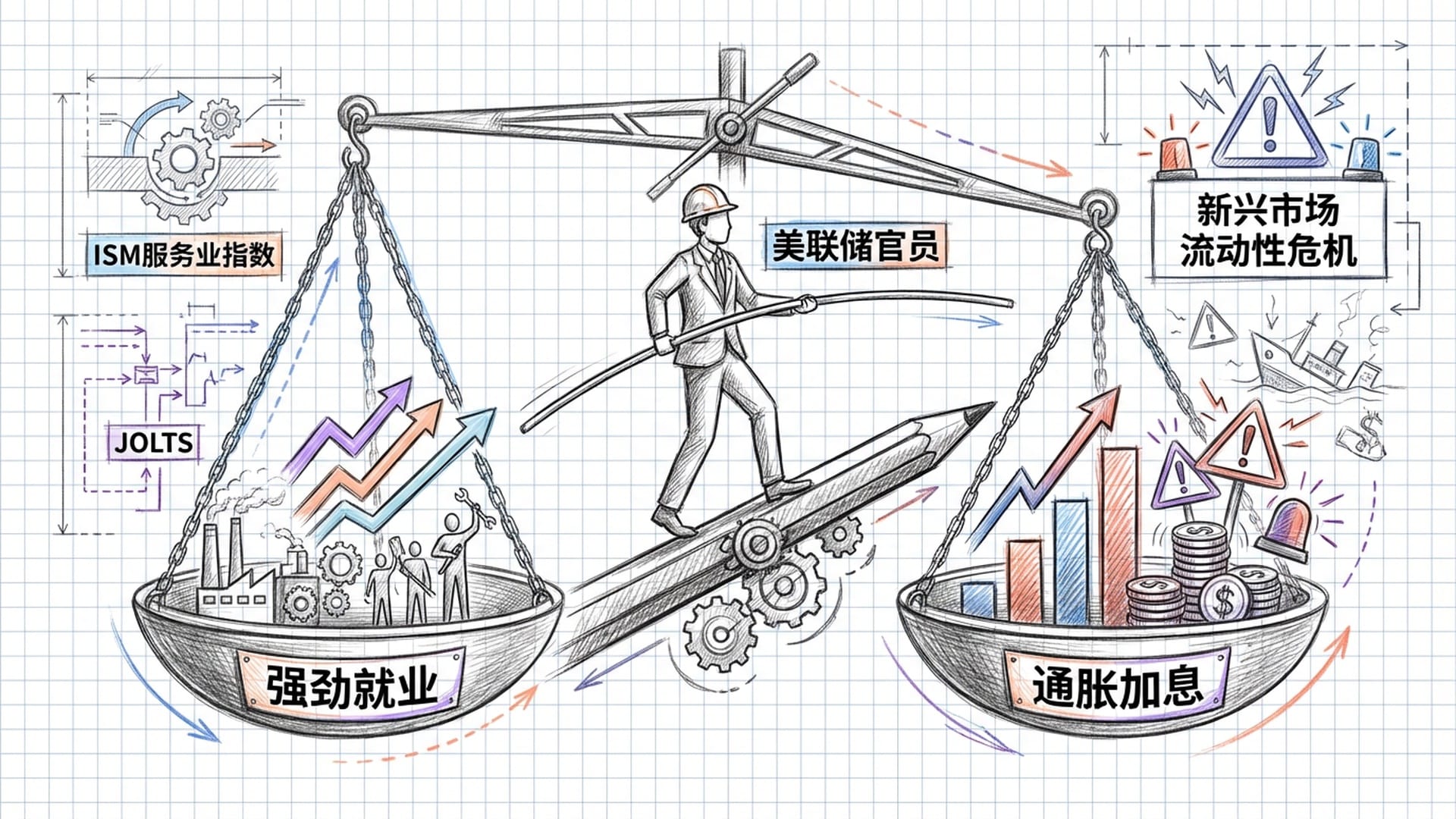 一个巨大的天平，左边是‘强劲就业’，右边是‘通胀加息’，美联储的官员在中间走钢丝。