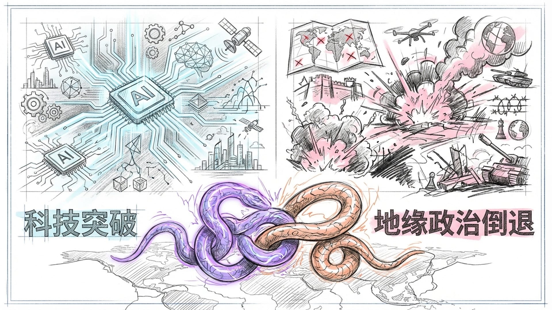 左右分裂构图。左边是拉斯维加斯CES的霓虹蓝光和AI芯片；右边是委内瑞拉和乌克兰的战火硝烟。