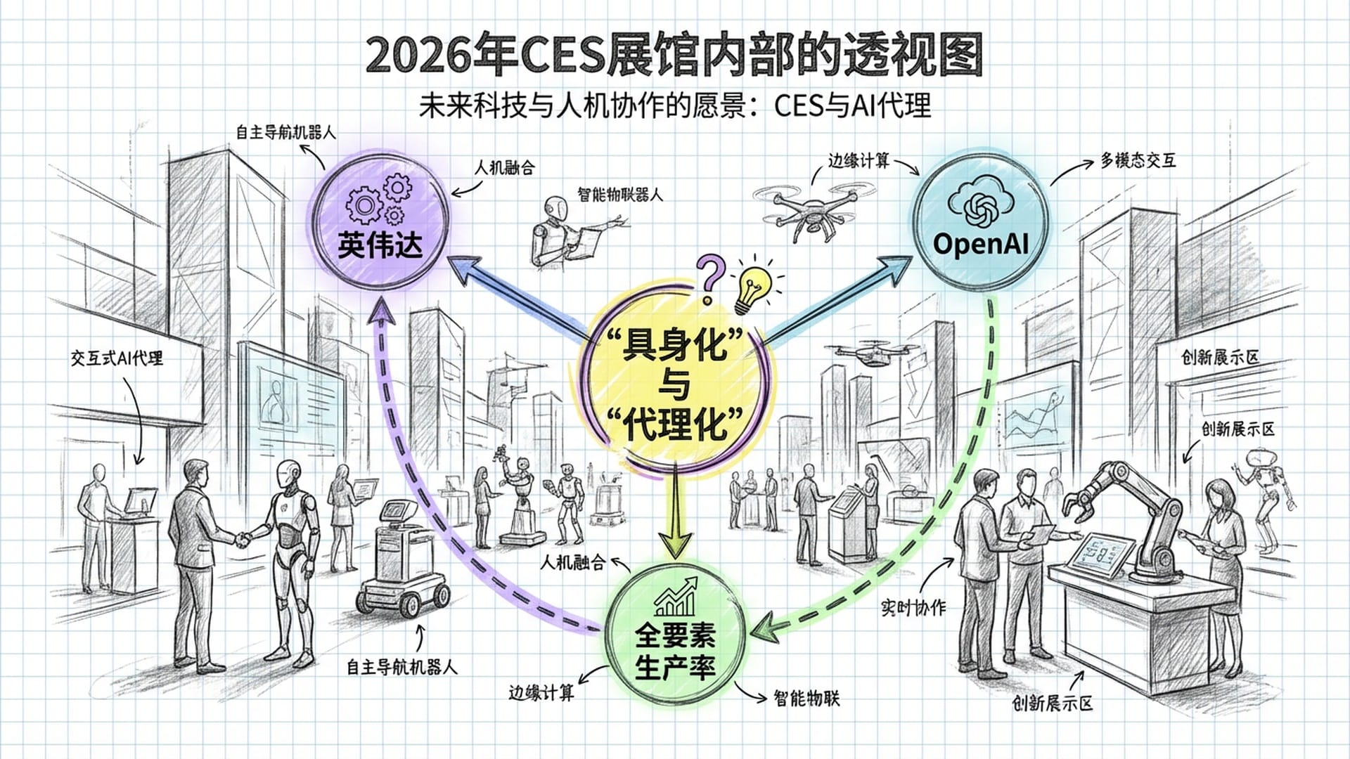 2026年CES展馆内部的透视图，各种自主移动的物理机器人和AI具身智能体正在与人类协作。