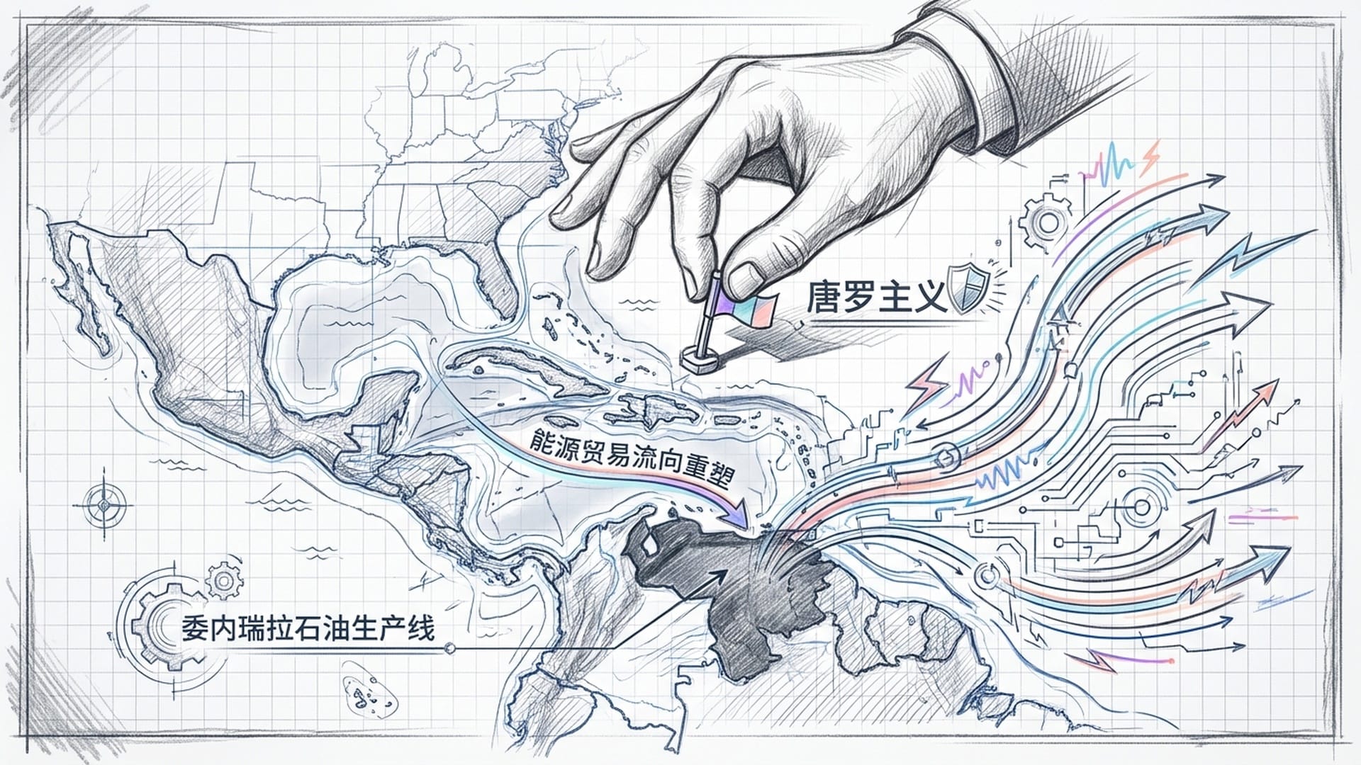 一张加勒比海的策略地图，巨大的手正在其上方移动旗子，象征‘唐罗主义’的重置控制。