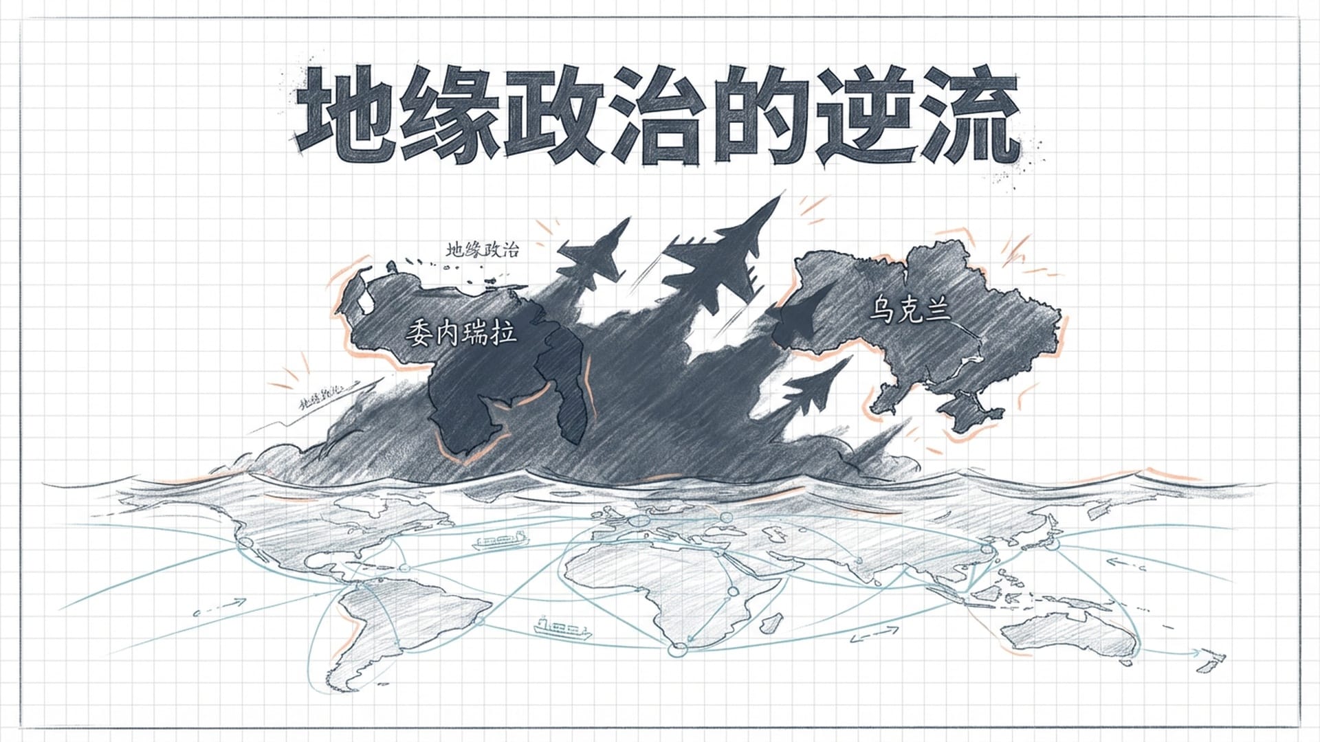 一个巨大的阴影笼罩在宁静的海面上，海面下是纵横交错的货运航线。阴影呈现出战机和地图的形状。