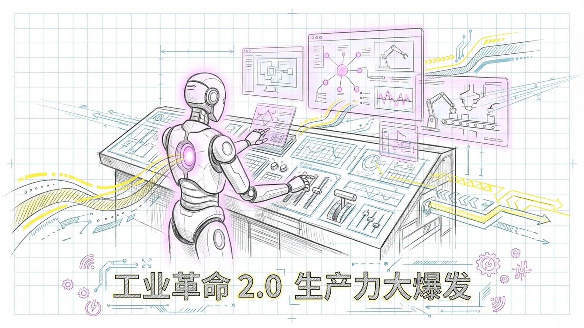 充满未来感的机器人代理人（AI Agent），它正在复杂的工业控制面板前操作，带有全息投影界面。