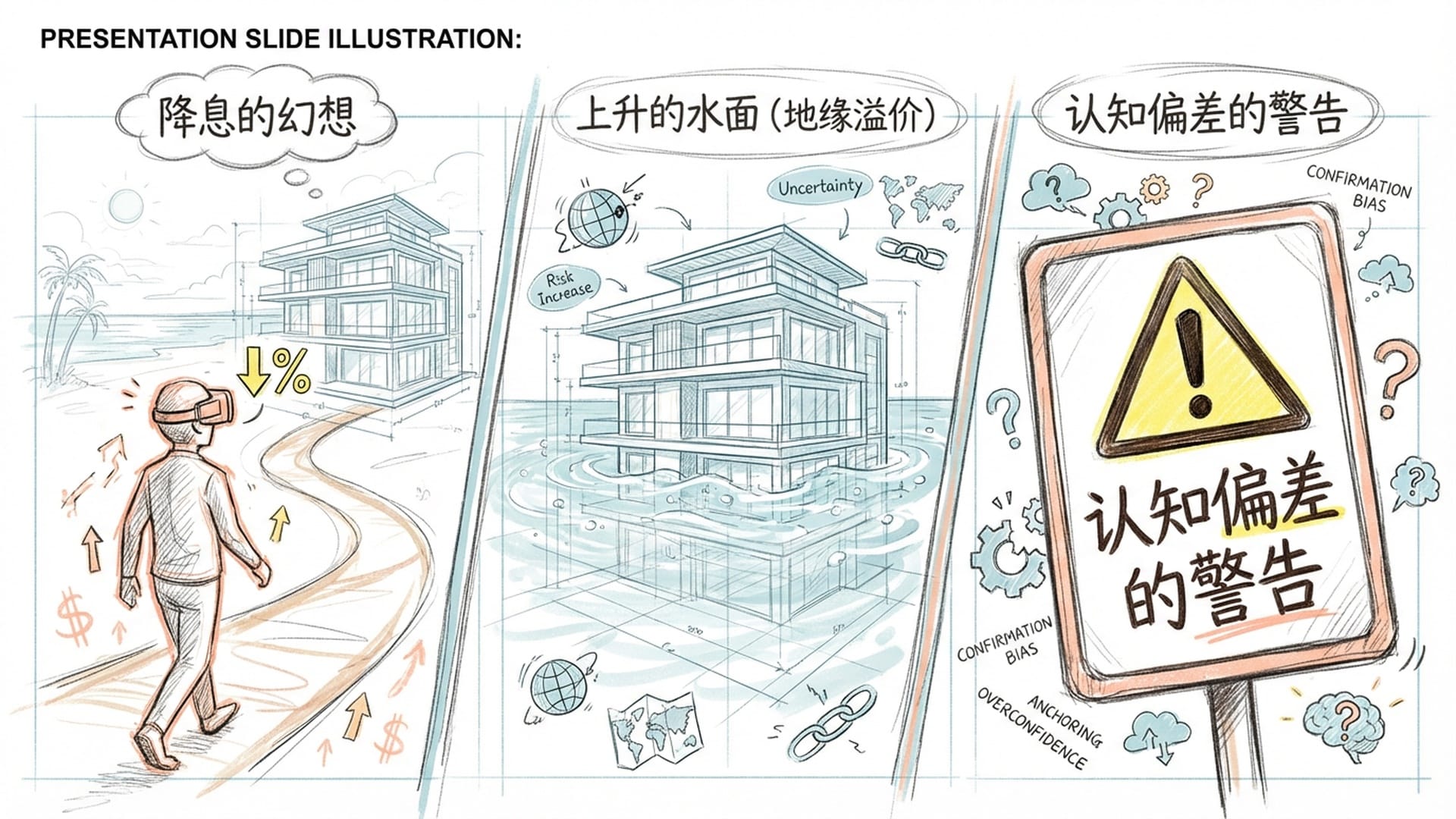 一个戴着虚拟现实头盔的人正走向豪华海景房，却没有注意到脚下的海平面正在快速上升。