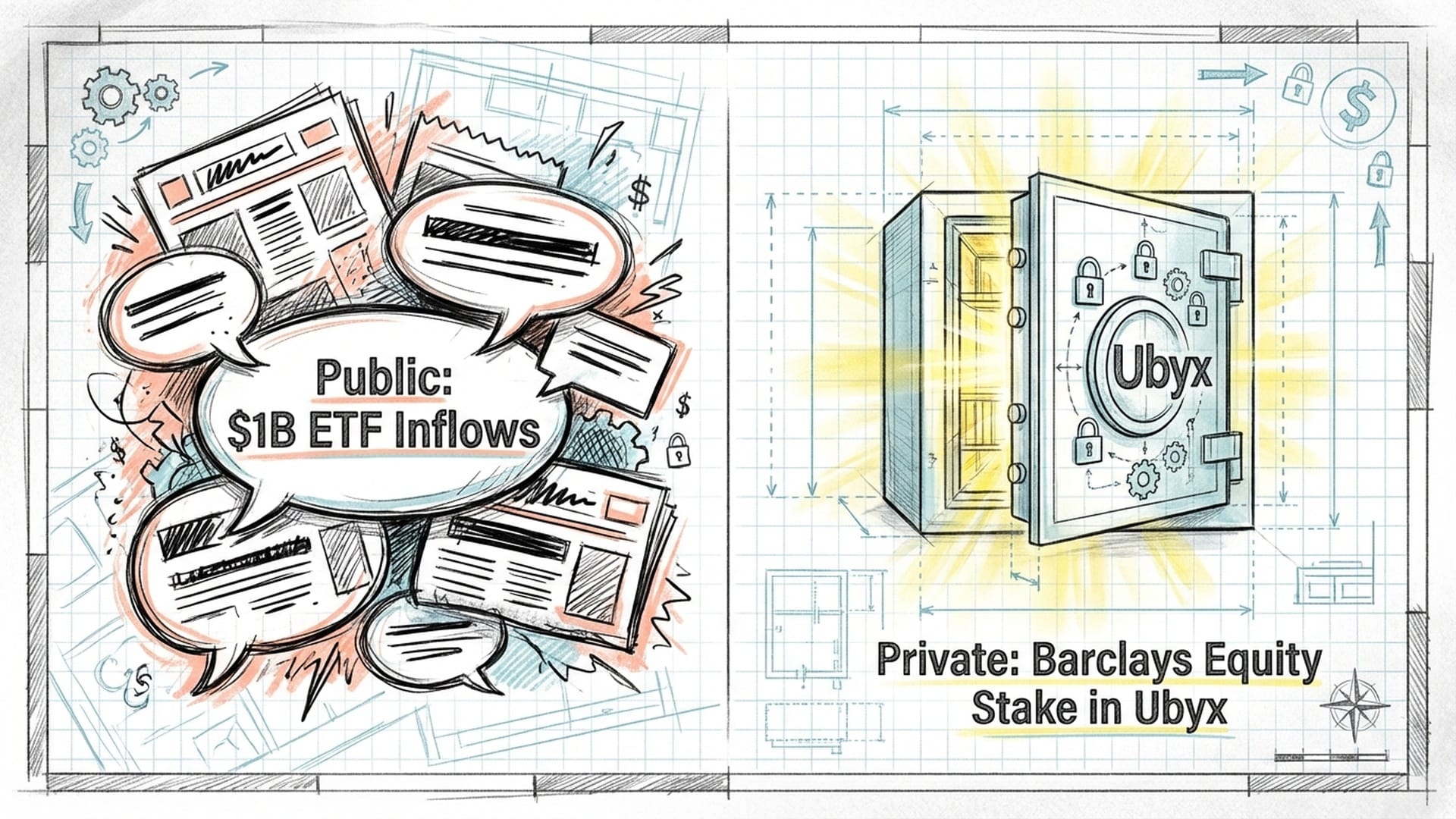 Comparison between loud news headlines about ETFs and a quiet, glowing safe representing Barclays' private investment in Ubyx. (English)