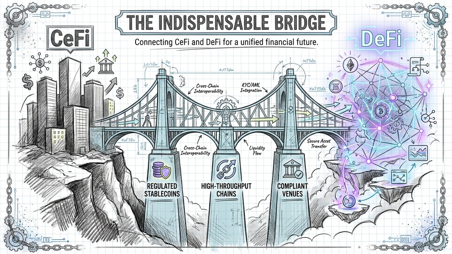 A bridge architectural blueprint connecting two worlds: 'CeFi' (skyscrapers) and 'DeFi' (glowing mesh network). (English)