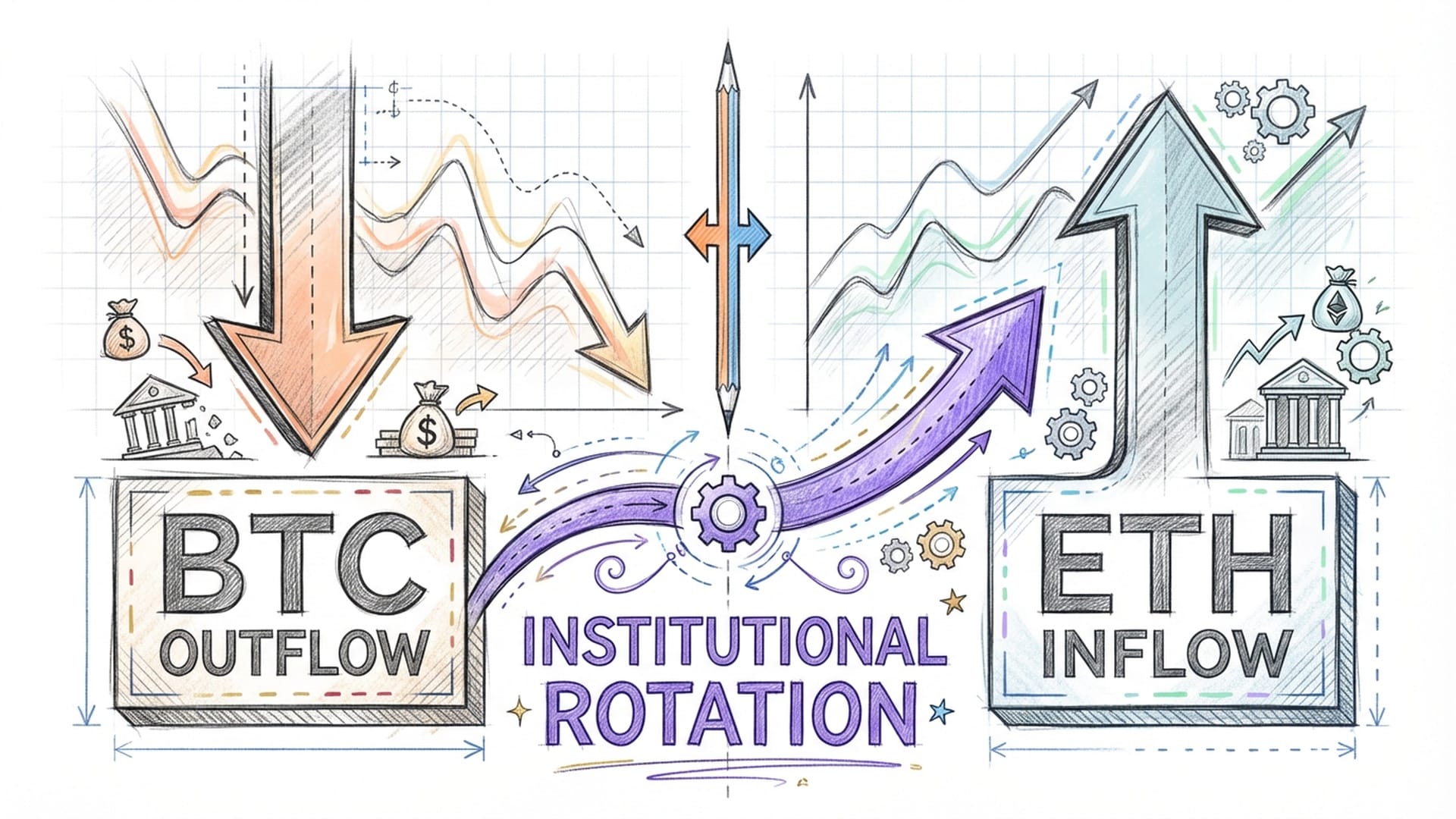 A split screen showing a Bitcoin ETF ticker (down) on the left and an Ethereum ETF ticker (up) on the right, indicating tactical rotation. (English)
