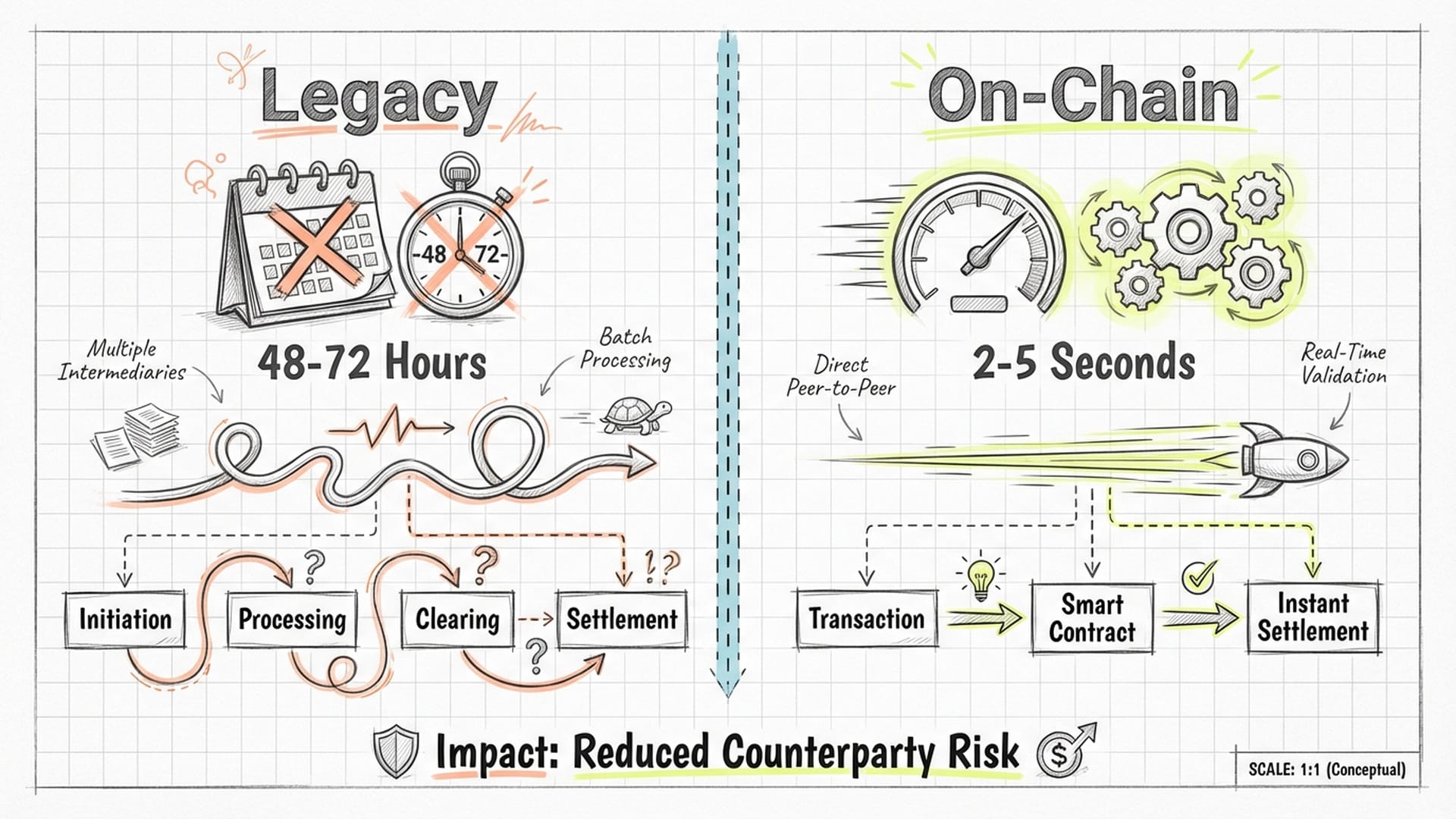Infographic showing a comparison between old 'T+2' settlement (days) vs. 'T-Zero' on-chain settlement (seconds) with stylized icons. (English)