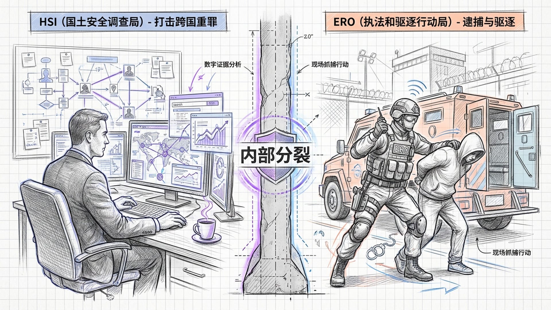 展示HSI与ERO的内部分裂。HSI探员西装革履处理电脑数据（打击跨国犯罪），ERO探员战术装备抓捕现场，中间有明显的物理隔阂。