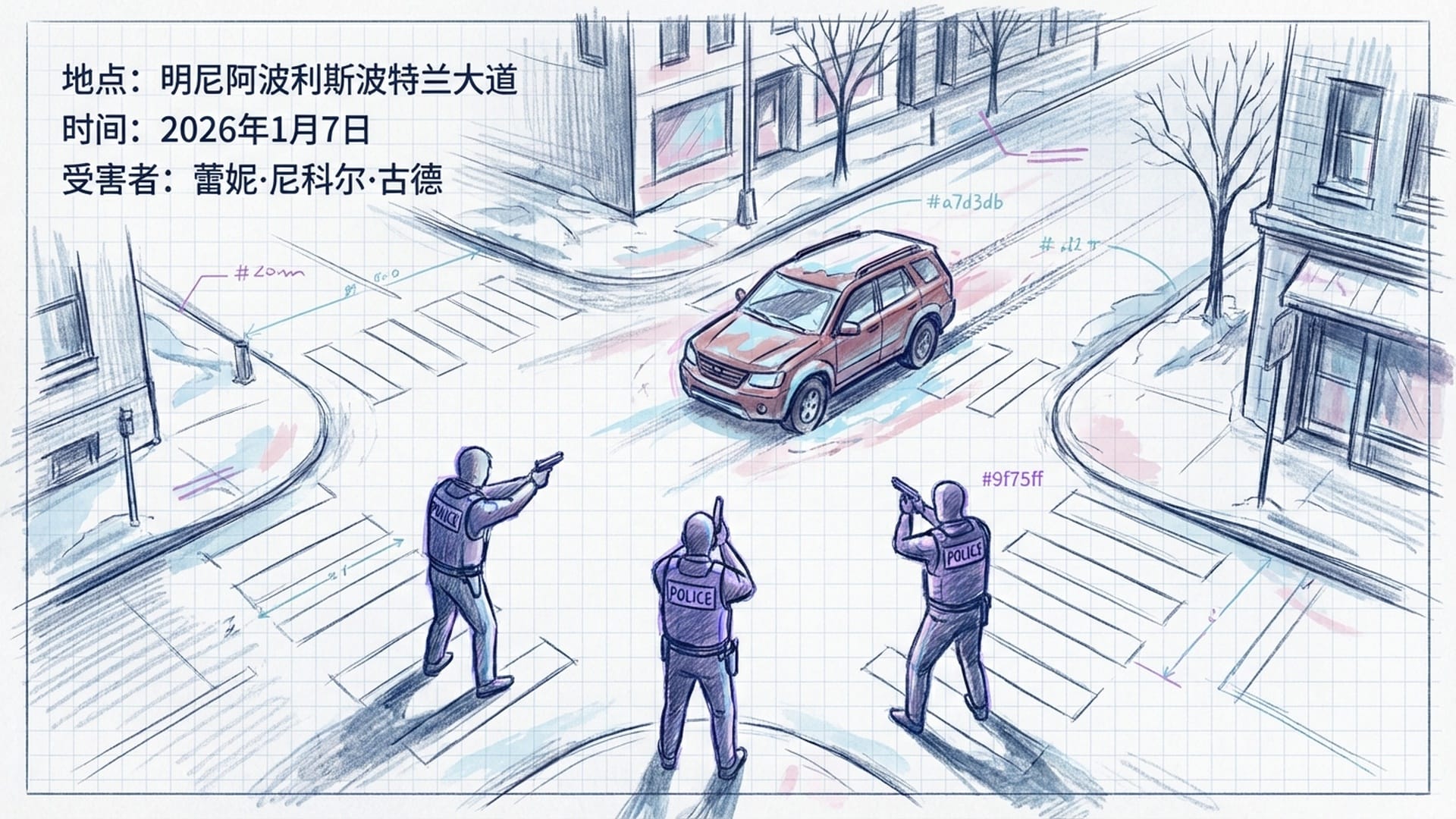 俯瞰视角，寒冷的冬季街道，一辆红褐色SUV停在路中，三名身穿‘POLICE’字样背心的联邦探员举枪包围。画面采用冷色调，强调冲突爆发前的压抑。