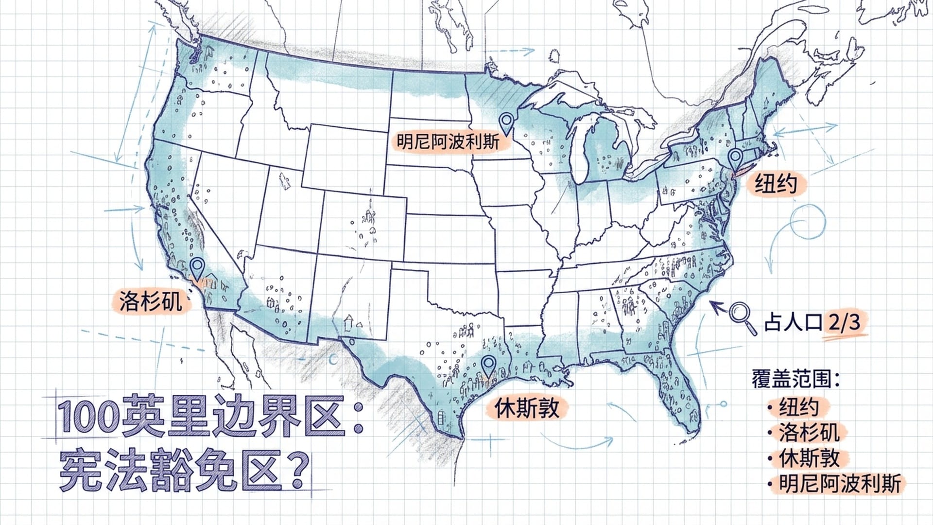 一张美国地图，沿海岸线及边境线向内100英里覆盖阴影区，显示这些区域如何覆盖了2/3的美国人口。