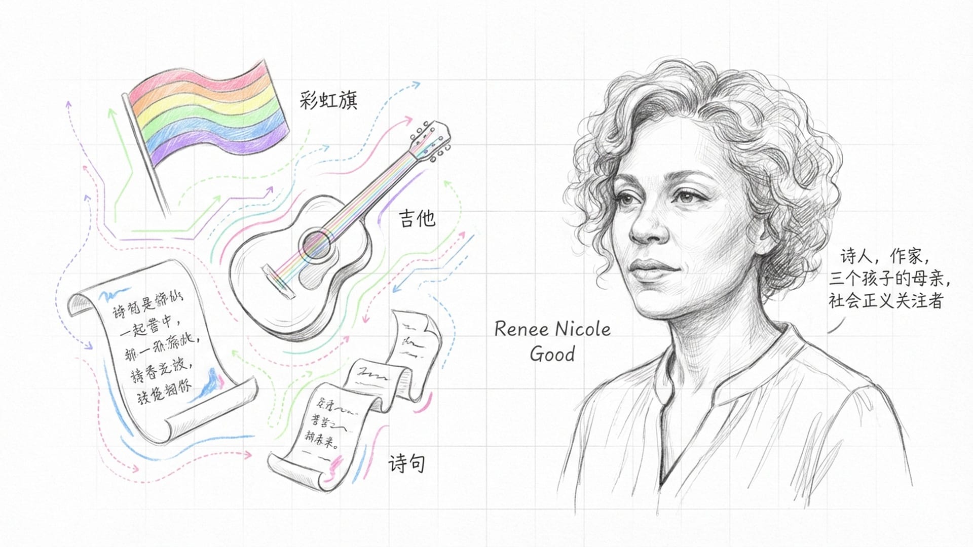 蕾妮·尼科尔·古德的肖像画（右侧），左侧是社交媒体上的碎片（彩虹旗、吉他、诗句），背景柔和，与之前的硬核执法画面形成强烈反差。