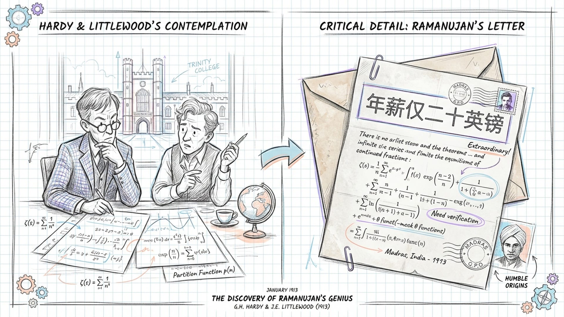 哈代在昏黄灯光下审视信件，面部表情从轻视转为震惊，背景是剑桥古老的建筑。 